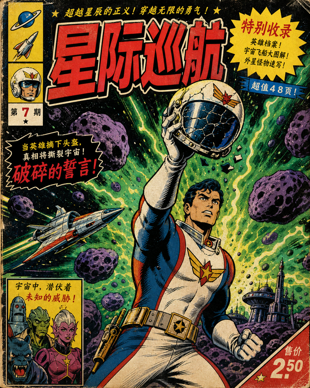 银时代太空英雄漫画封面，原创漫画风格样本，包含清晰漫画版式、角色动作和可见中文标题。