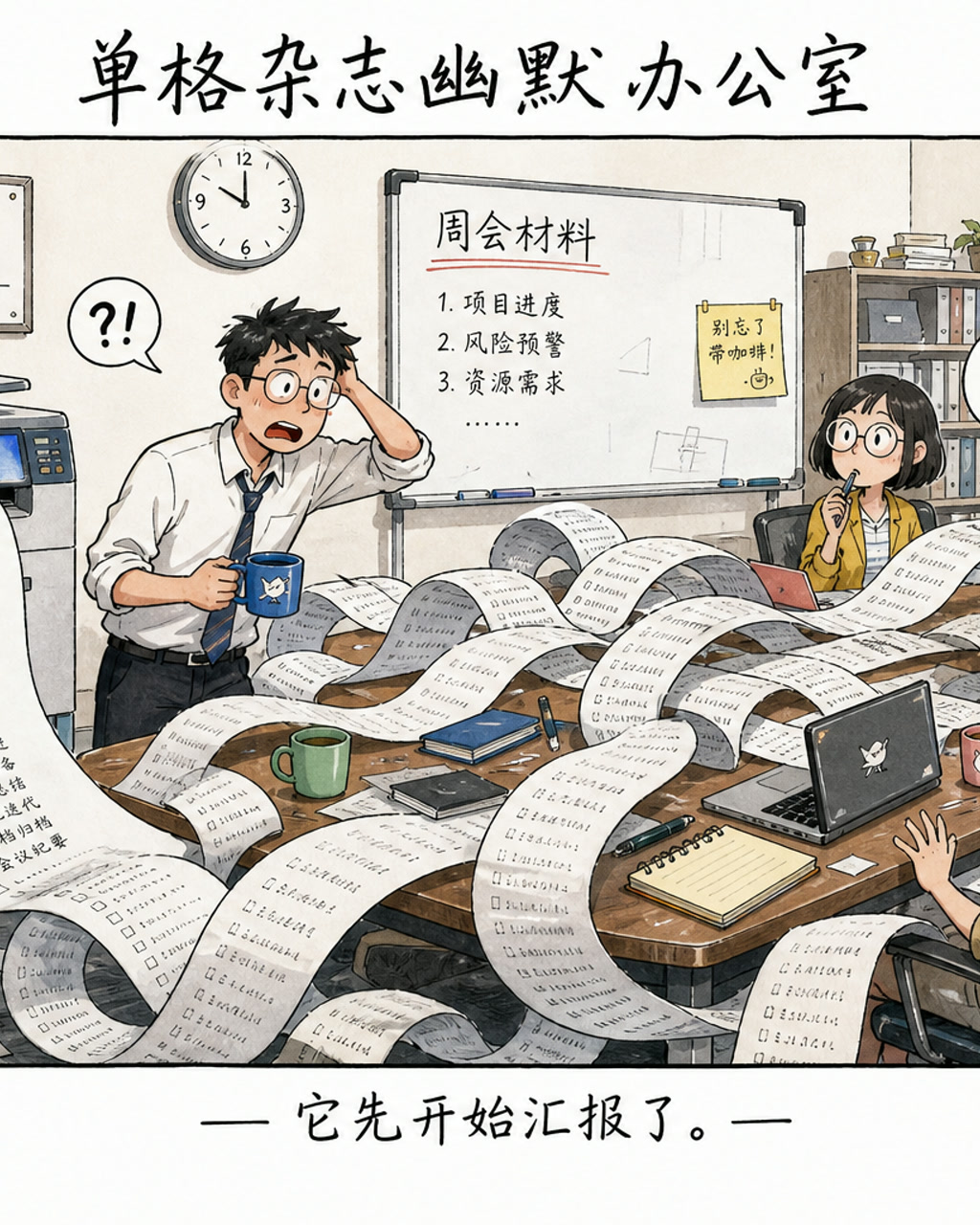 单格杂志幽默办公室，原创漫画风格样本，包含清晰漫画版式、角色动作和可见中文标题。