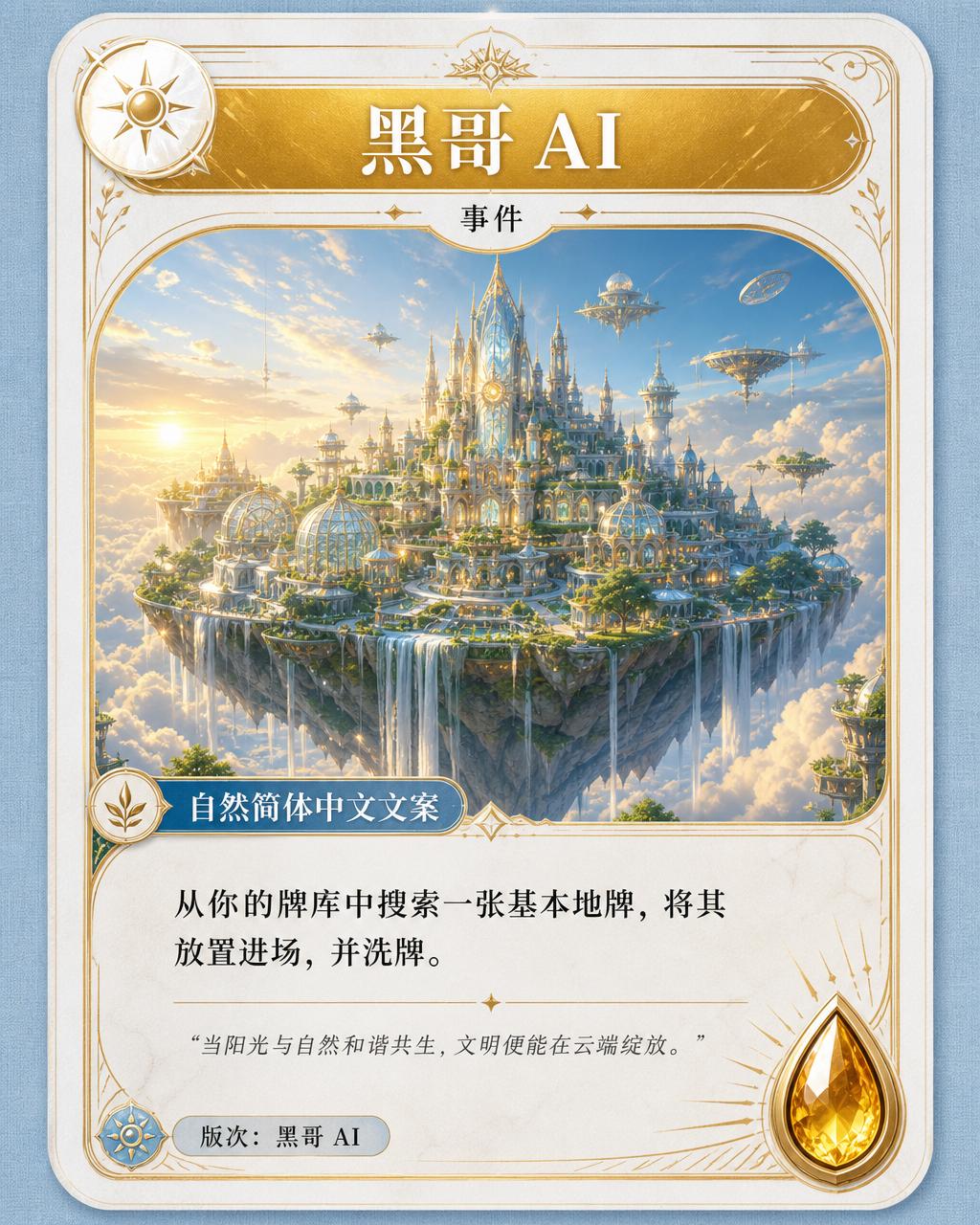 名为 The Skyborn Convergence 的 TCG 事件卡，太阳朋克漂浮天空城堡日出景象，黎明金稀有度宝石。