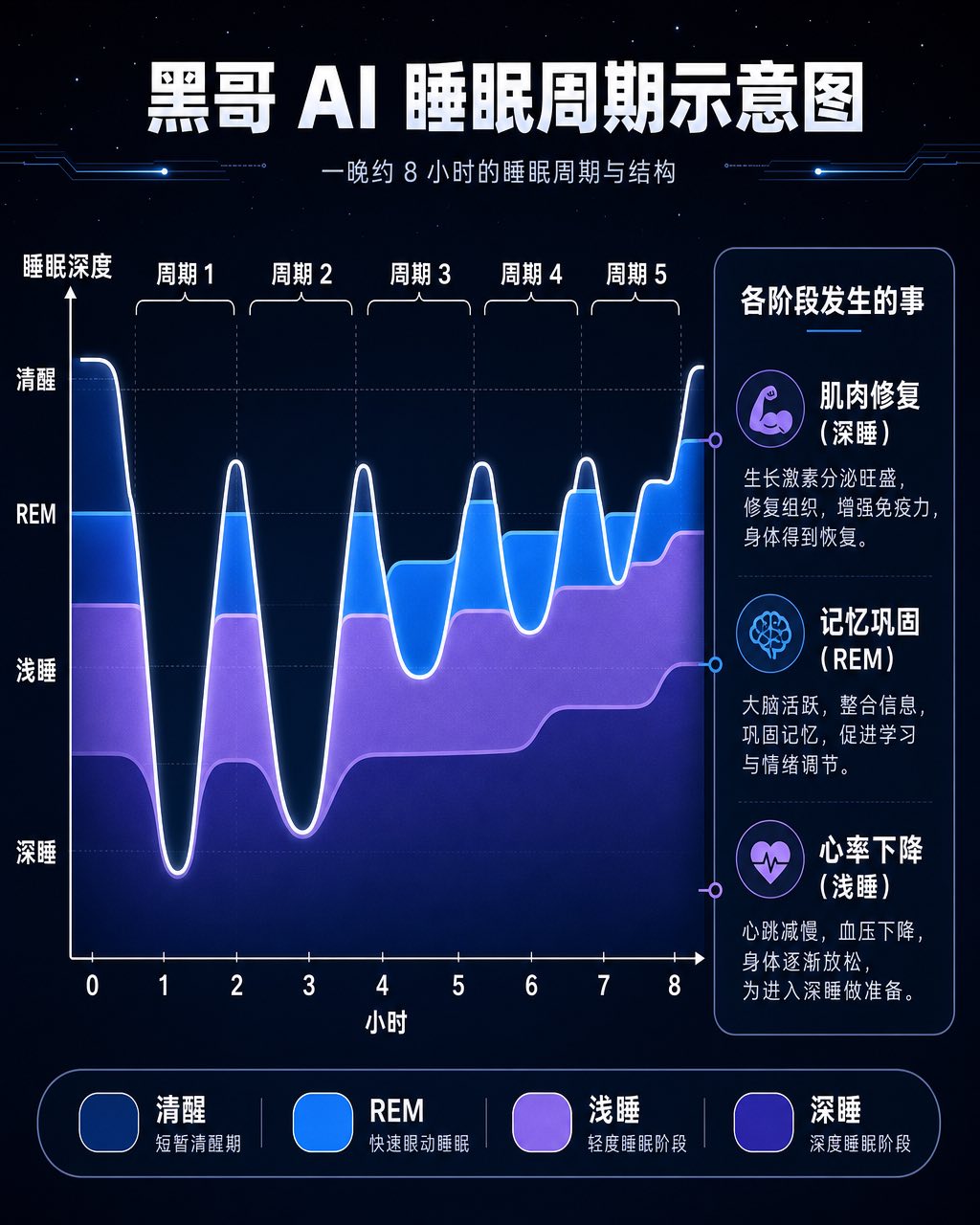 深色模式睡眠结构波形图，午夜蓝背景，五个睡眠周期，颜色区分深睡至REM各阶段