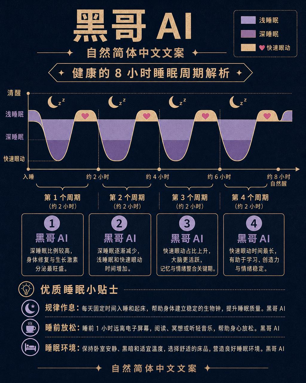 海军蓝米色配色的睡眠阶段信息图，中部横向波形图标出四个 90 分钟周期及 REM、N1、N2、N3 各阶段。