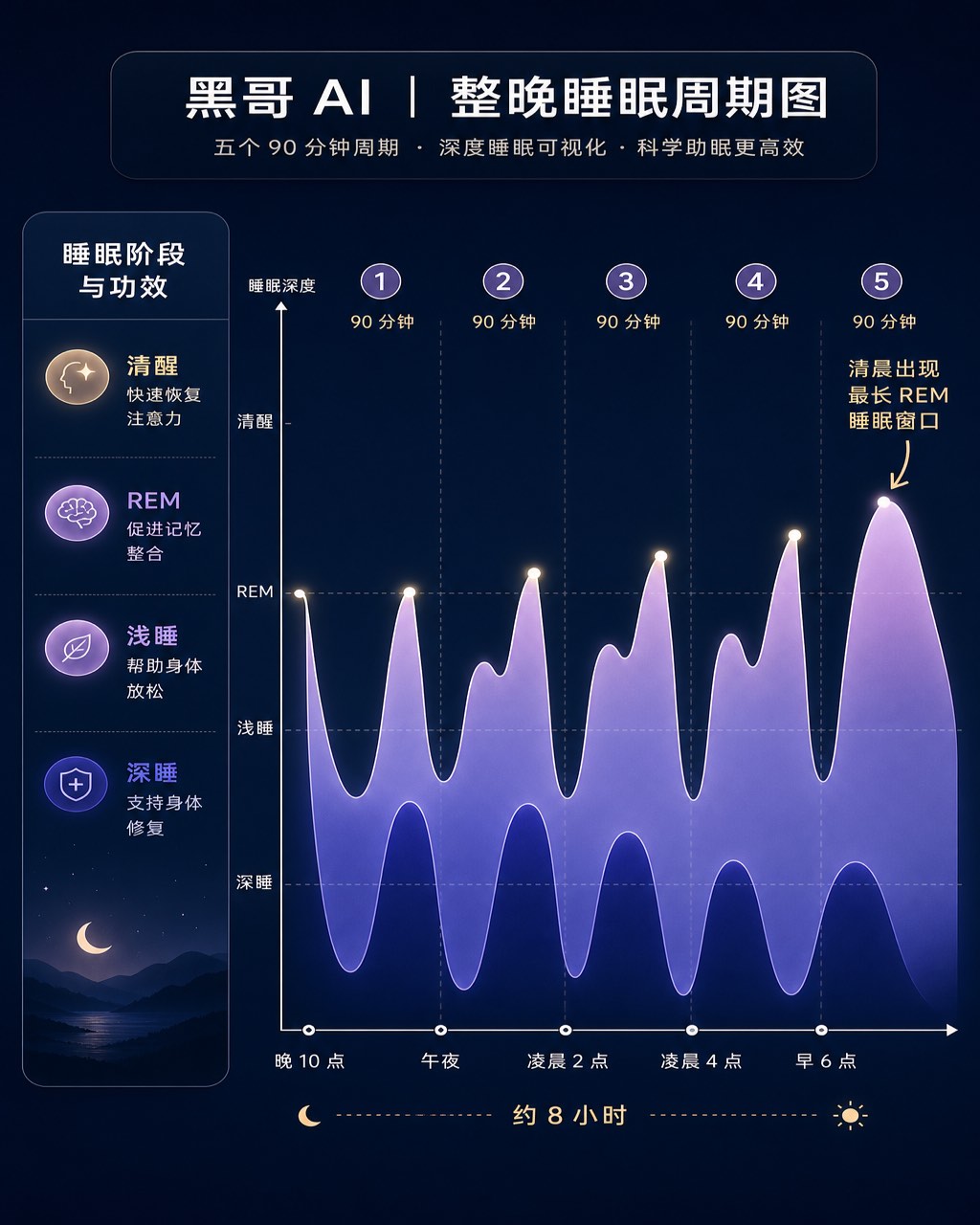 午夜蓝睡眠周期波浪图，八小时夜间五次 REM 与深睡振荡，柔和渐变色填充。