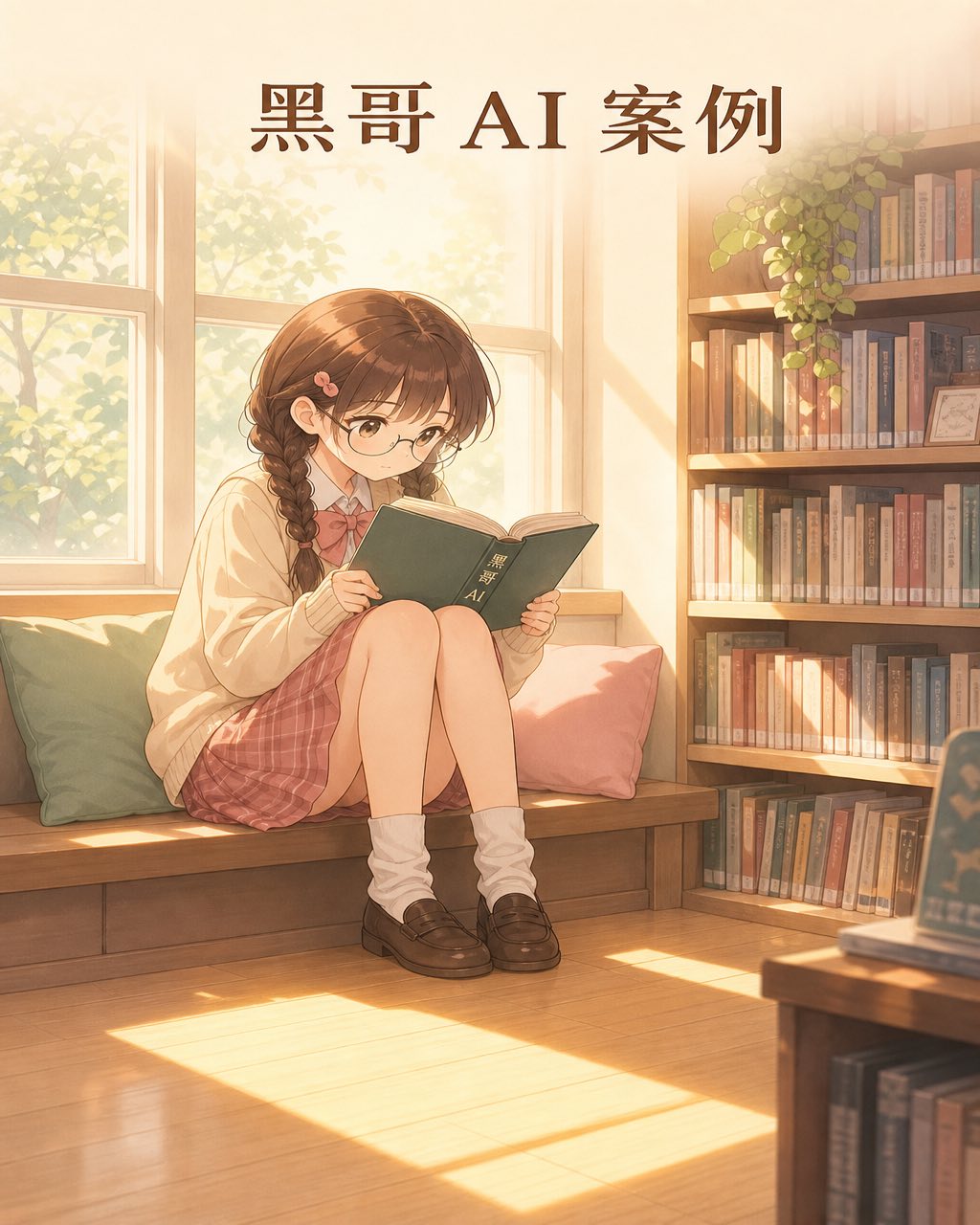 柔和粉彩动漫画面，扎辫少女在阳光图书馆窗边阅读，暖黄光斑铺地，书脊"Tabi no Kioku"。