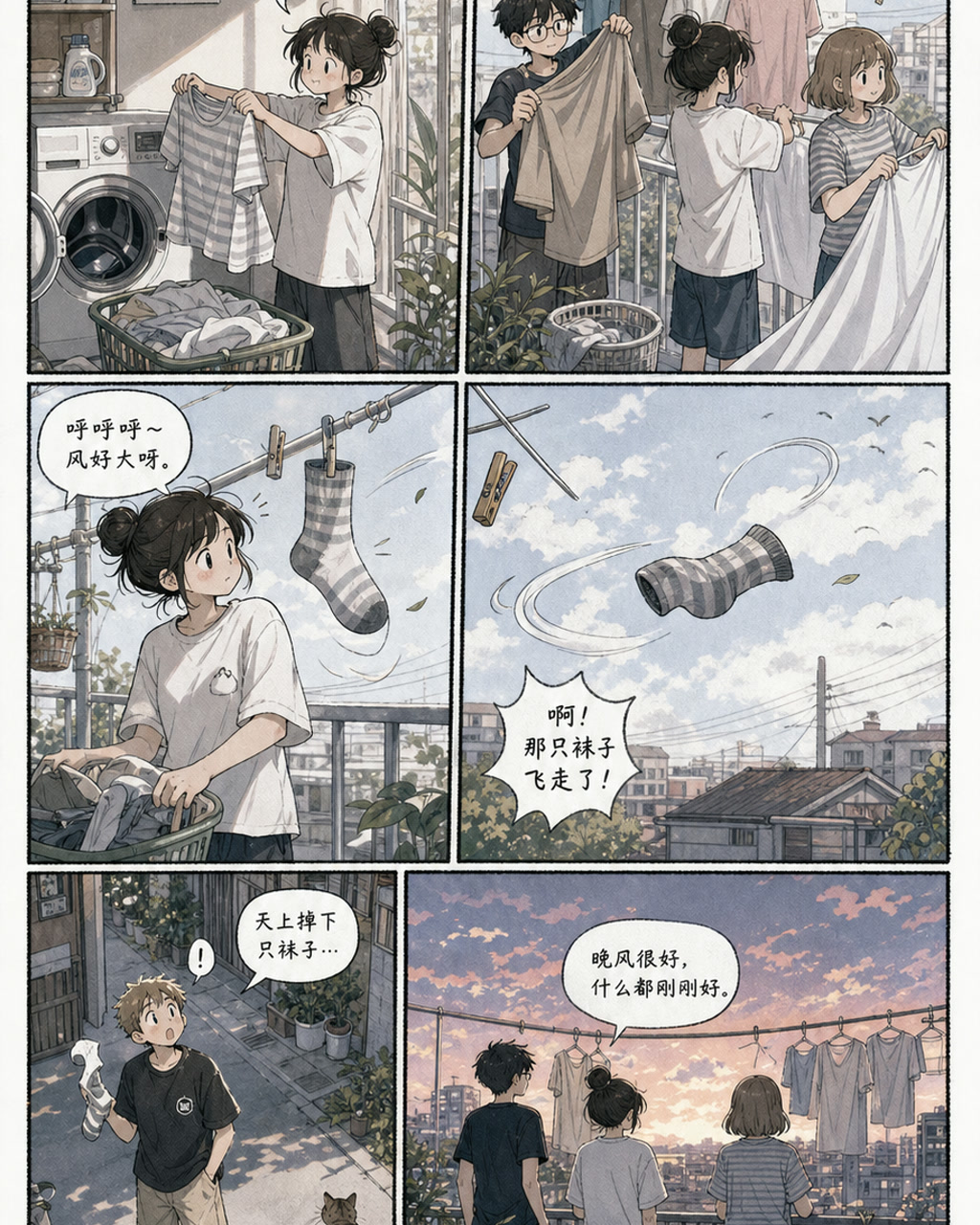 日常漫画洗衣日，原创漫画风格样本，包含清晰漫画版式、角色动作和可见中文标题。