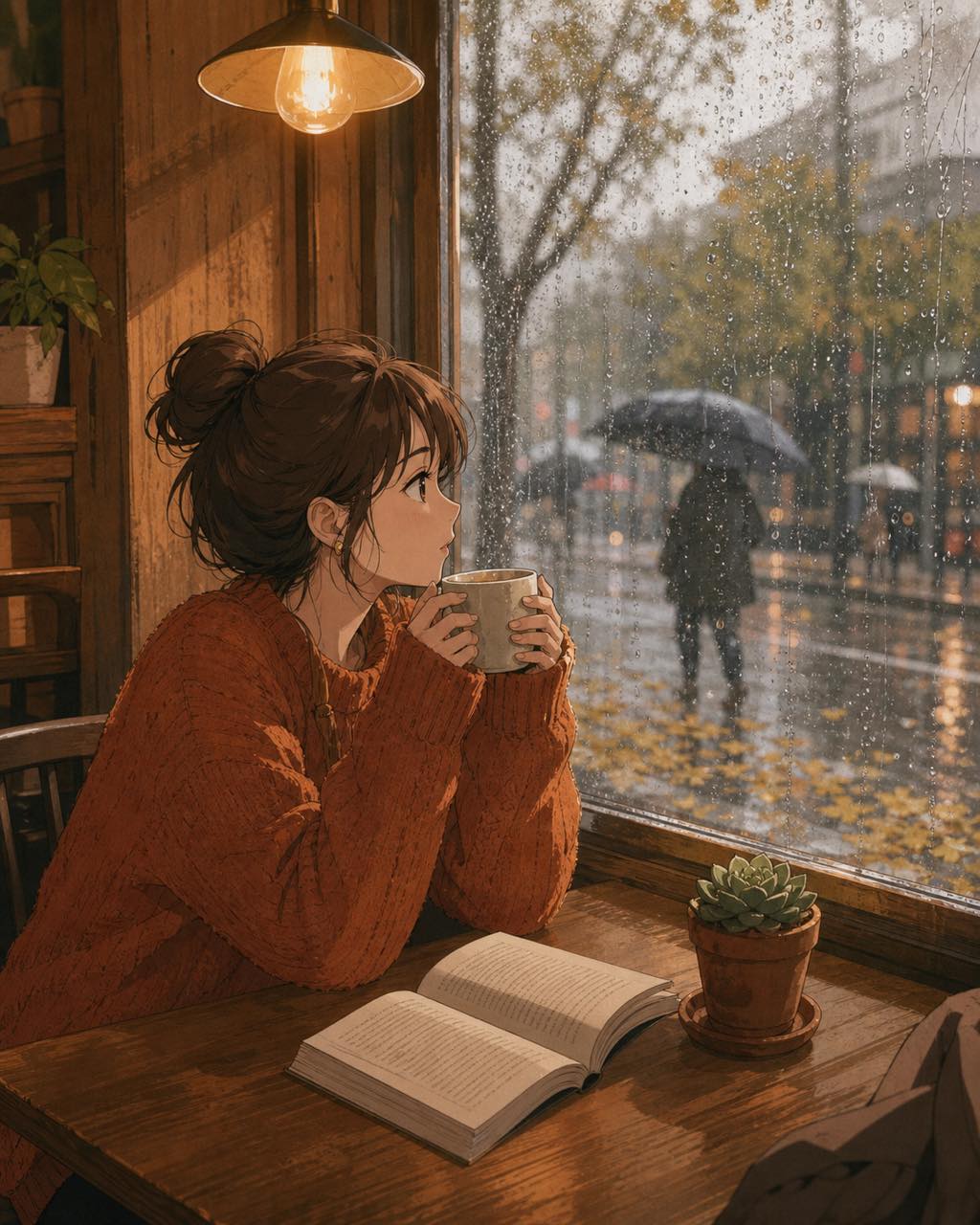 日常系动画风格，女生坐在雨天咖啡馆窗边，暖琥珀室内，锈橙色毛衣，桌上摊着书。