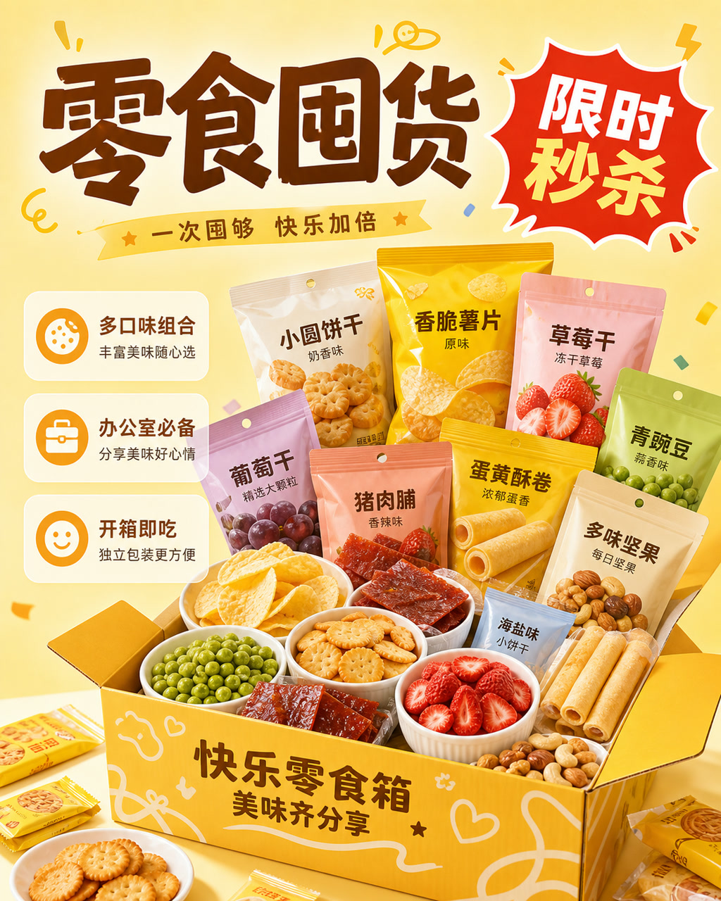 零食箱限时促销图，主文案为「零食囤货」，卖点为「多口味组合、办公室必备、开箱即吃」。