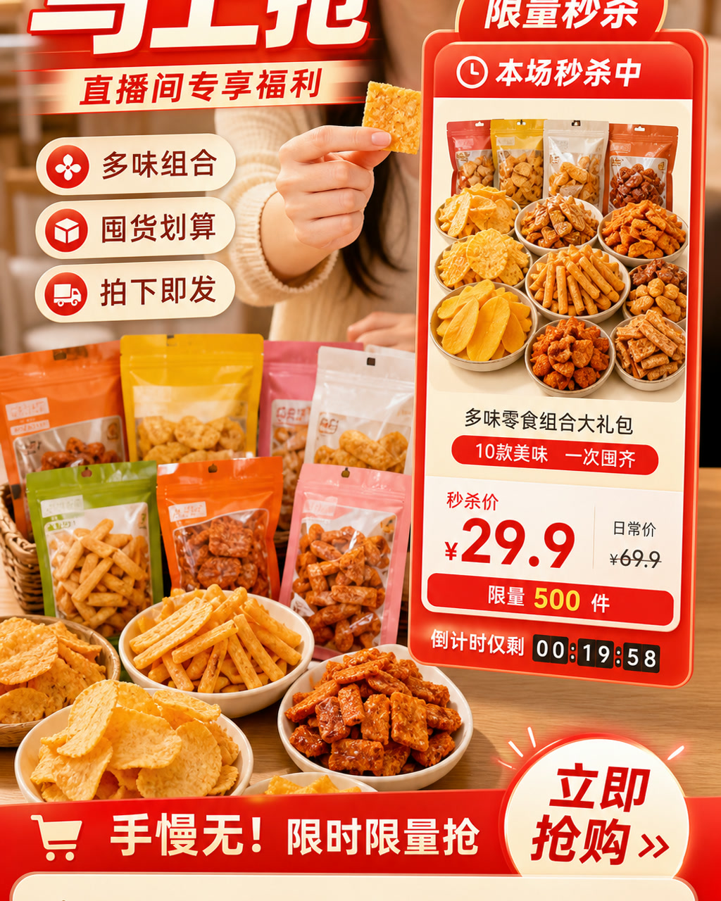 零食直播秒杀卡，主文案为「马上抢」，卖点为「多味组合、囤货划算、拍下即发」。