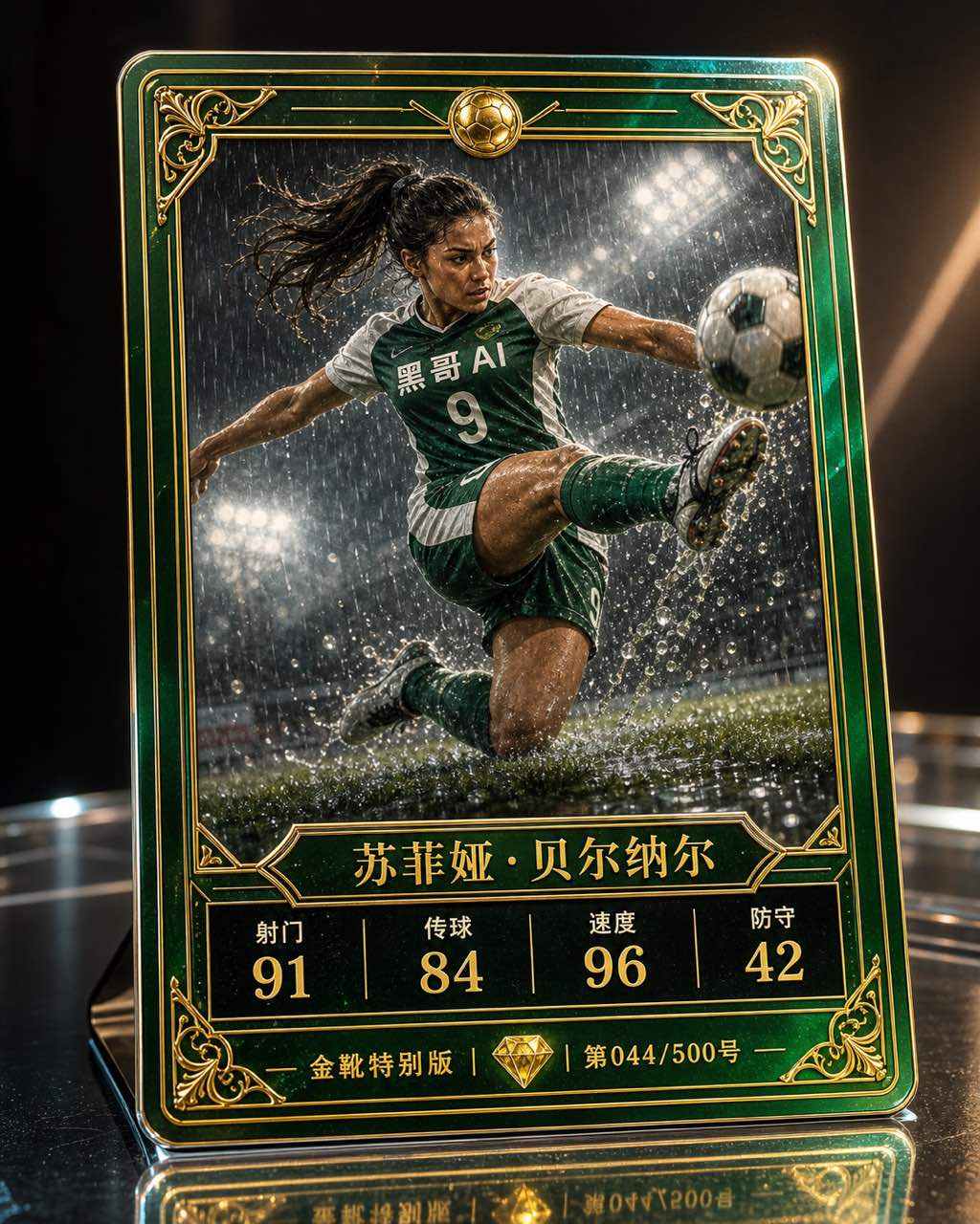 虚构前锋 Sofia Bernal 在雨中凌空射门的足球交换卡，FC Vendetta 球衣，金色稀有度宝石，射门/速度评分。