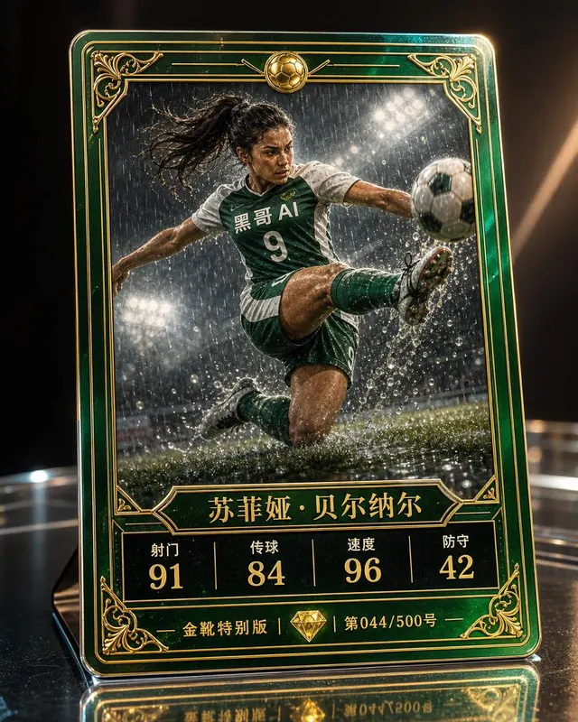 虚构前锋 Sofia Bernal 在雨中凌空射门的足球交换卡,FC Vendetta 球衣,金色稀有度宝石,射门/速度评分。