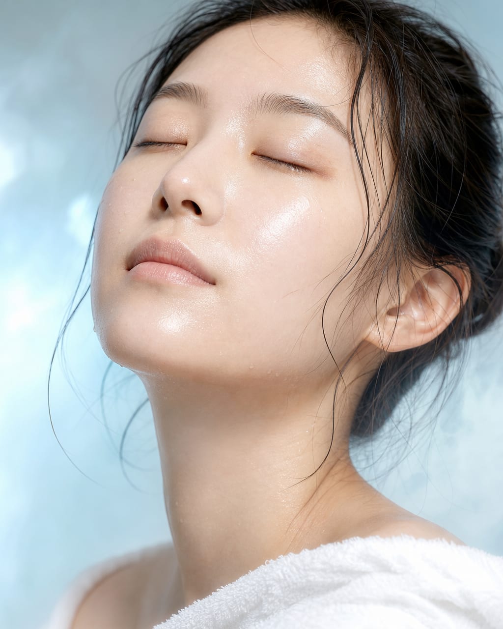 清透美妆肌肤特写：一位淡妆模特的面部近景，妆面强调干净底妆、自然眉毛和透明唇釉，浅米白影棚背景，画面从锁骨裁切到头顶，脸部占据画面中心。