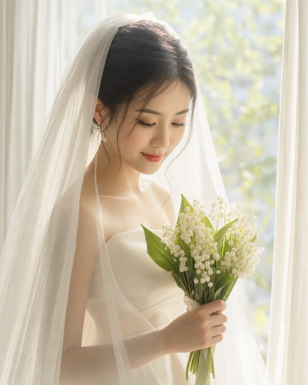 柔焦新娘人像：一位新娘站在白色窗帘前，头纱轻轻覆盖肩膀，微微低头，清晨婚房，窗帘、花束和浅色墙面都被柔焦处理。