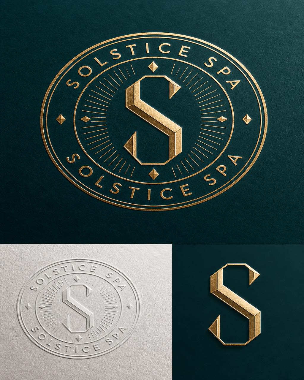 Solstice Spa Art Deco 圆形印章，切割面 S 字母，太阳光芒钻石环，深青底香槟金烫金，附白卡压凸版。