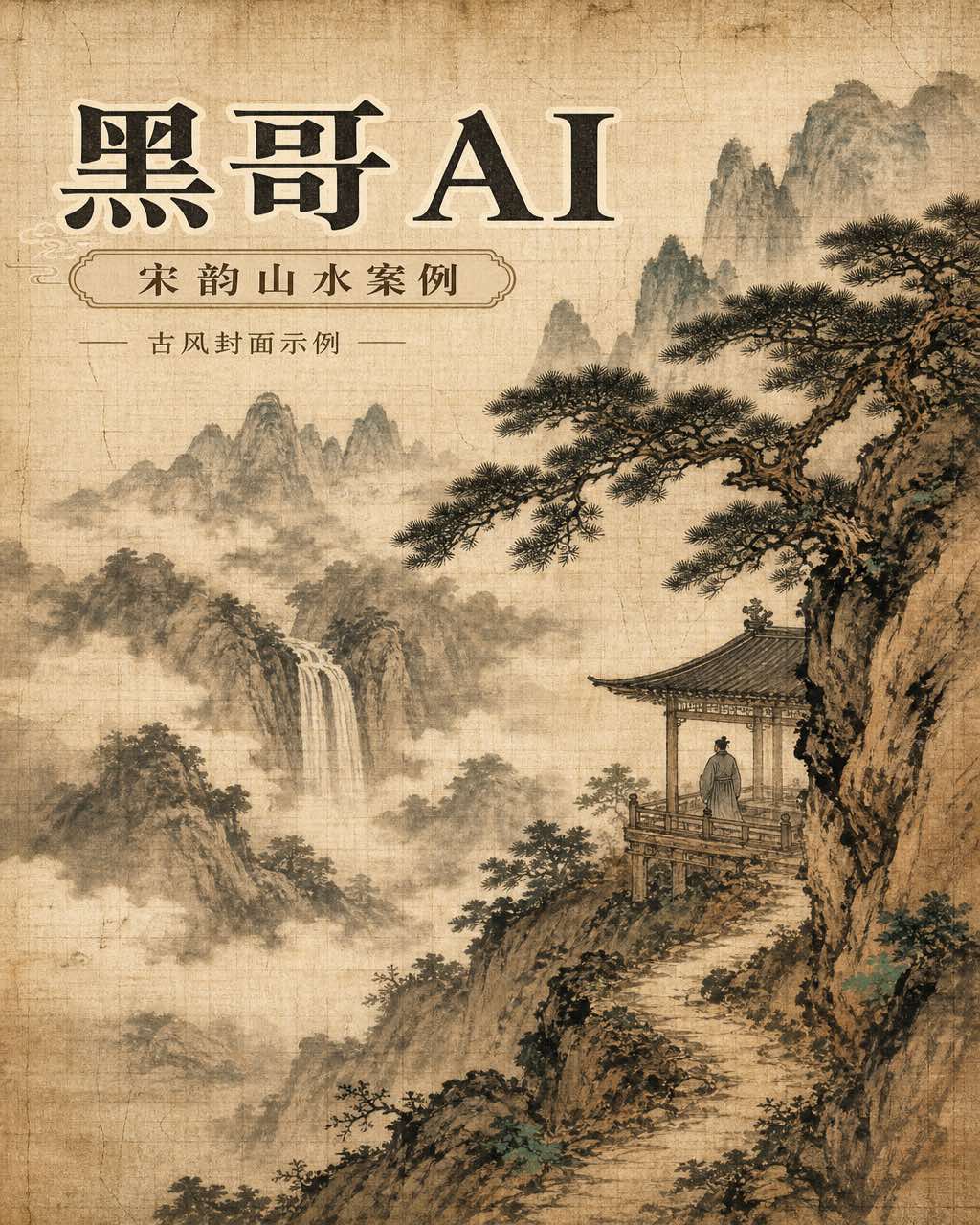 宋代山水横卷，绢底水墨，展现云雾缭绕的石灰岩山峰、苍松、文士亭阁与层叠瀑布。