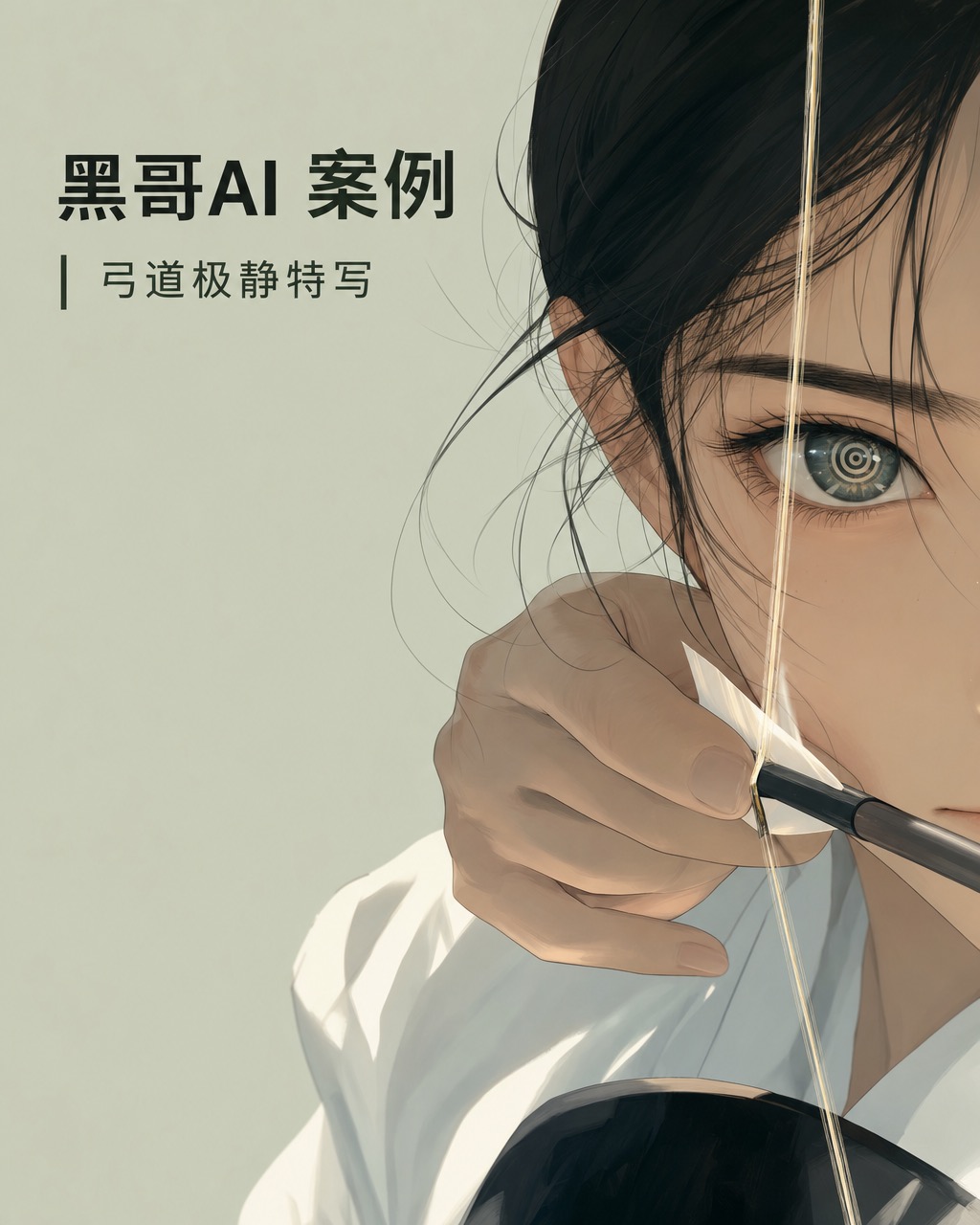 沉静动漫极端特写，弓道少女脸贴弓弦，眼神锁定靶，虹膜中靶环倒影，淡鼠尾草绿背景。