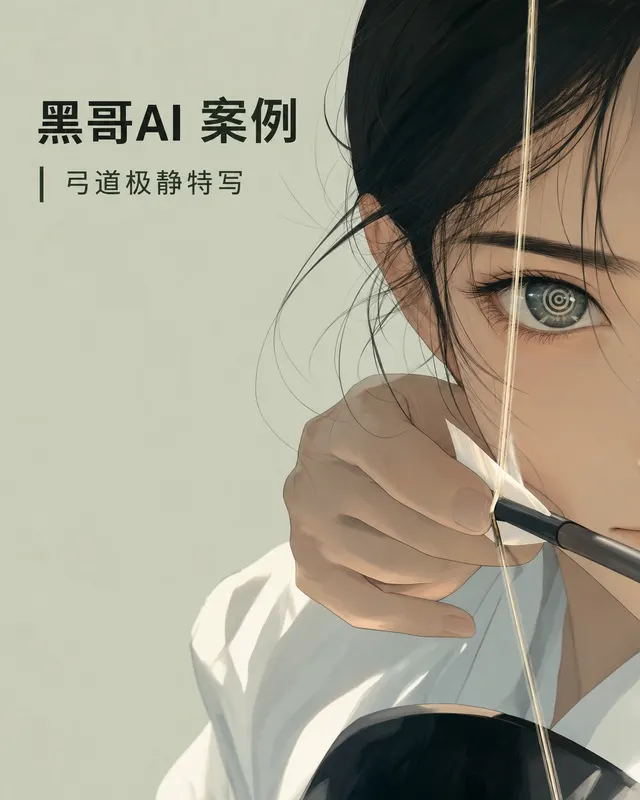 Calm anime extreme close-up of a kyudo girl pressing her cheek to the bowstring with eyes locked on the target, reflected target rings in her iris, pale sage background.