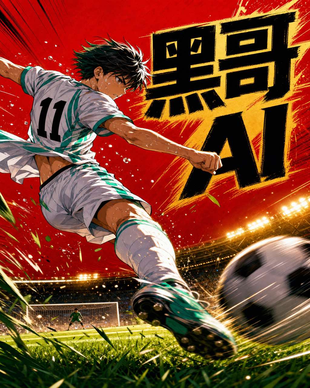 少年漫动漫画面，少年踢球瞬间低角度特写，青绿条纹球衣，红色字幕"SHOOT!"。