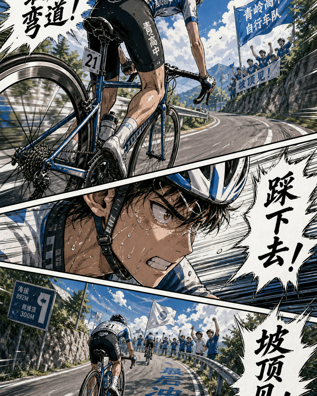 运动漫画爬坡骑行，原创漫画风格样本，包含清晰漫画版式、角色动作和可见中文标题。