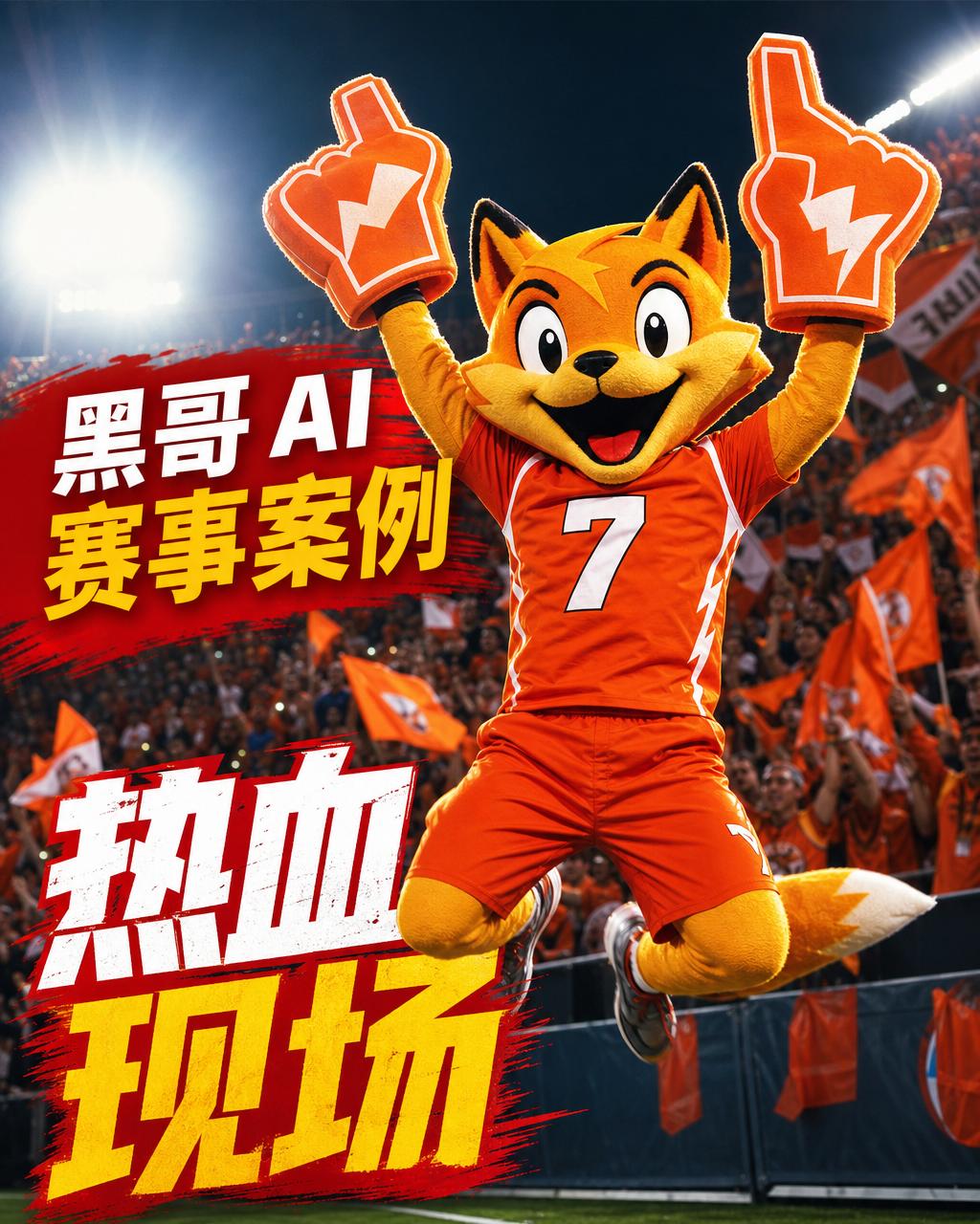 橘红色泡沫闪电狐吉祥物套装，胸口印数字 7，跳跃中双拳高举，体育场泛光灯下模糊人群背景。