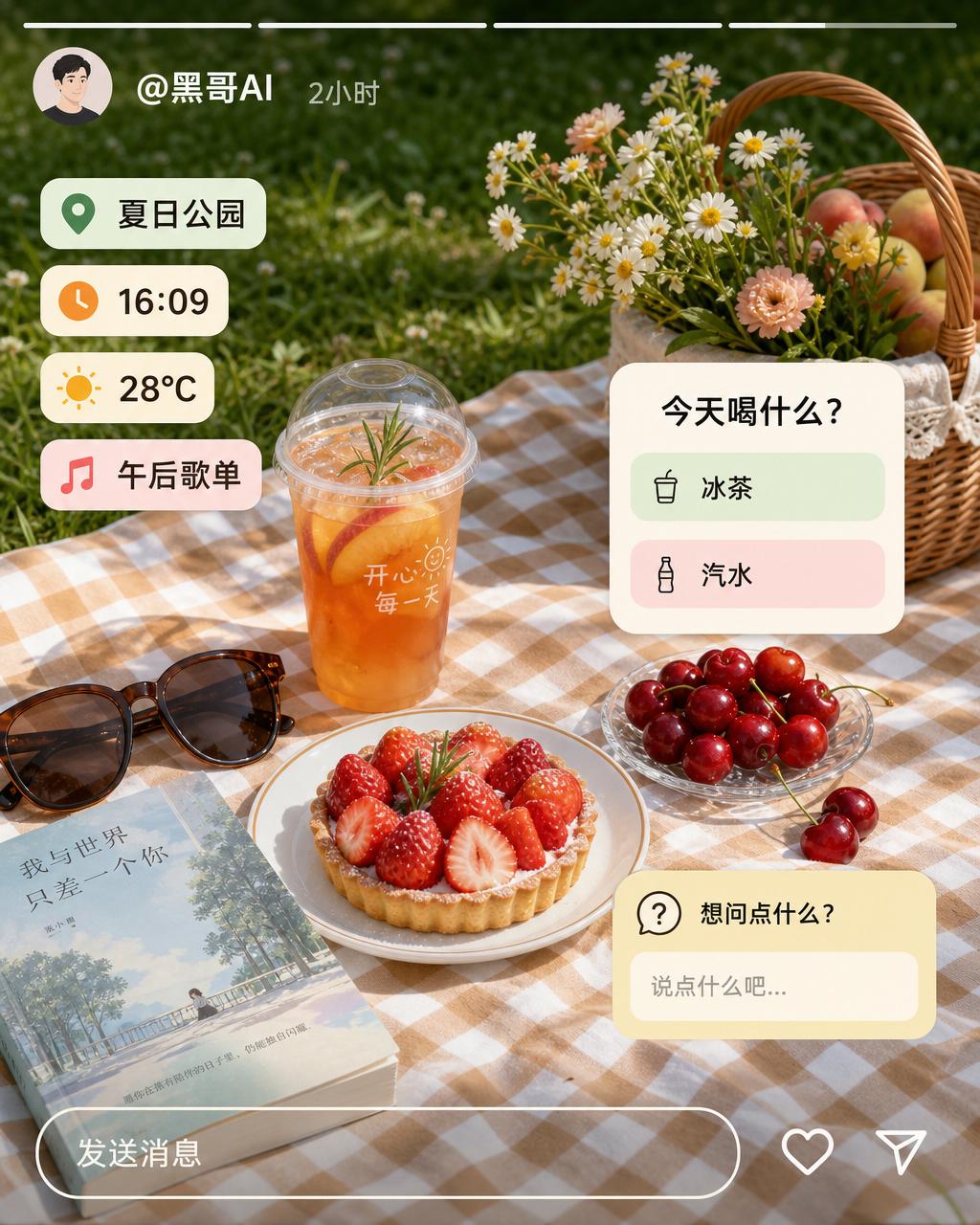 竖屏故事帖截图：阳光野餐平铺图上叠加定位、时间、温度、音乐、投票与提问贴纸，顶部带分段进度条。