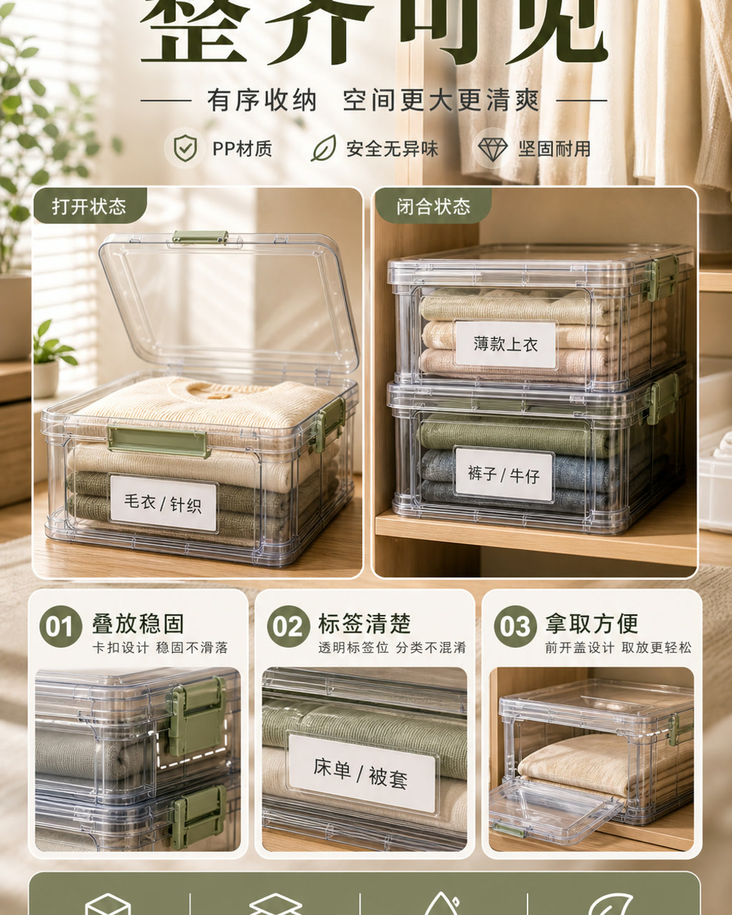 收纳盒详情页图，主文案为「整齐可见」，卖点为「叠放稳固、标签清楚、拿取方便」。