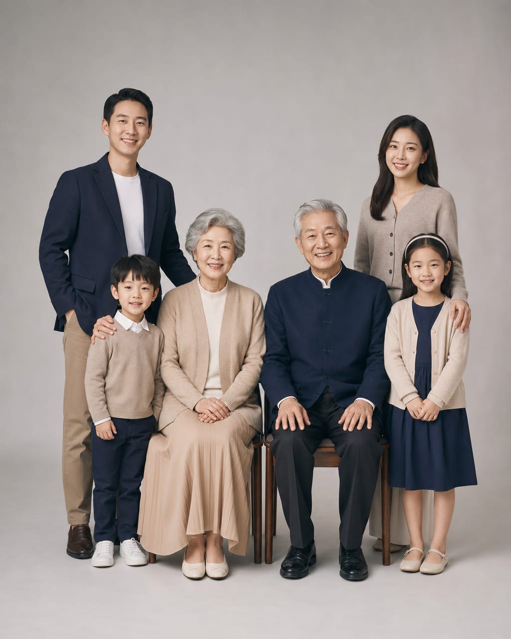 温暖棚拍三代同堂全家福，祖母、女儿与外孙高度错落，金色胶片色调，米色帆布背景。