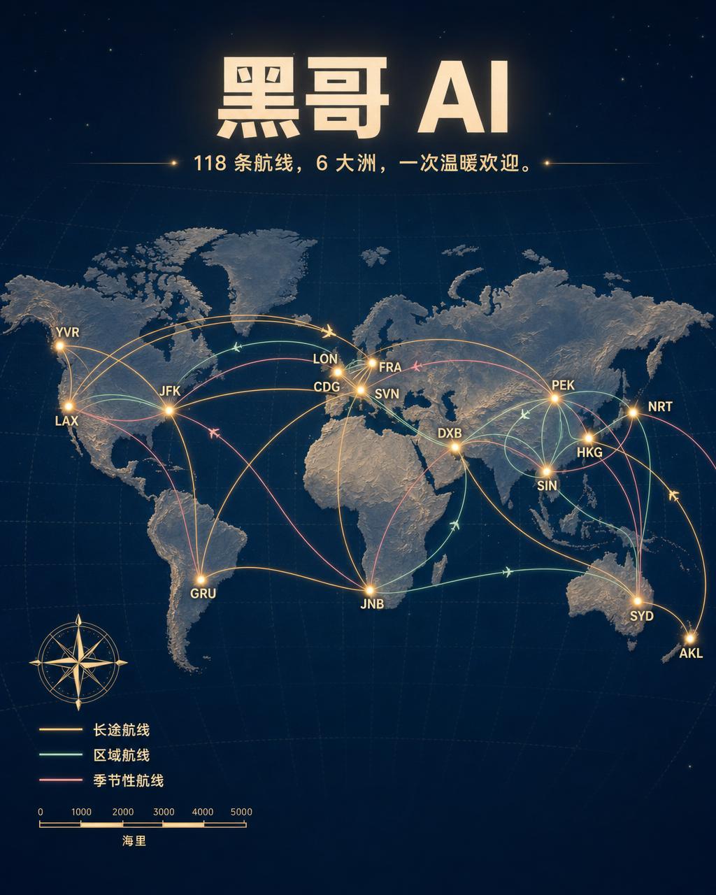 极简藏蓝世界地图：琥珀、薄荷、玫瑰弧线连接 18 个枢纽代码，标题 Fly Where Mornings Begin。