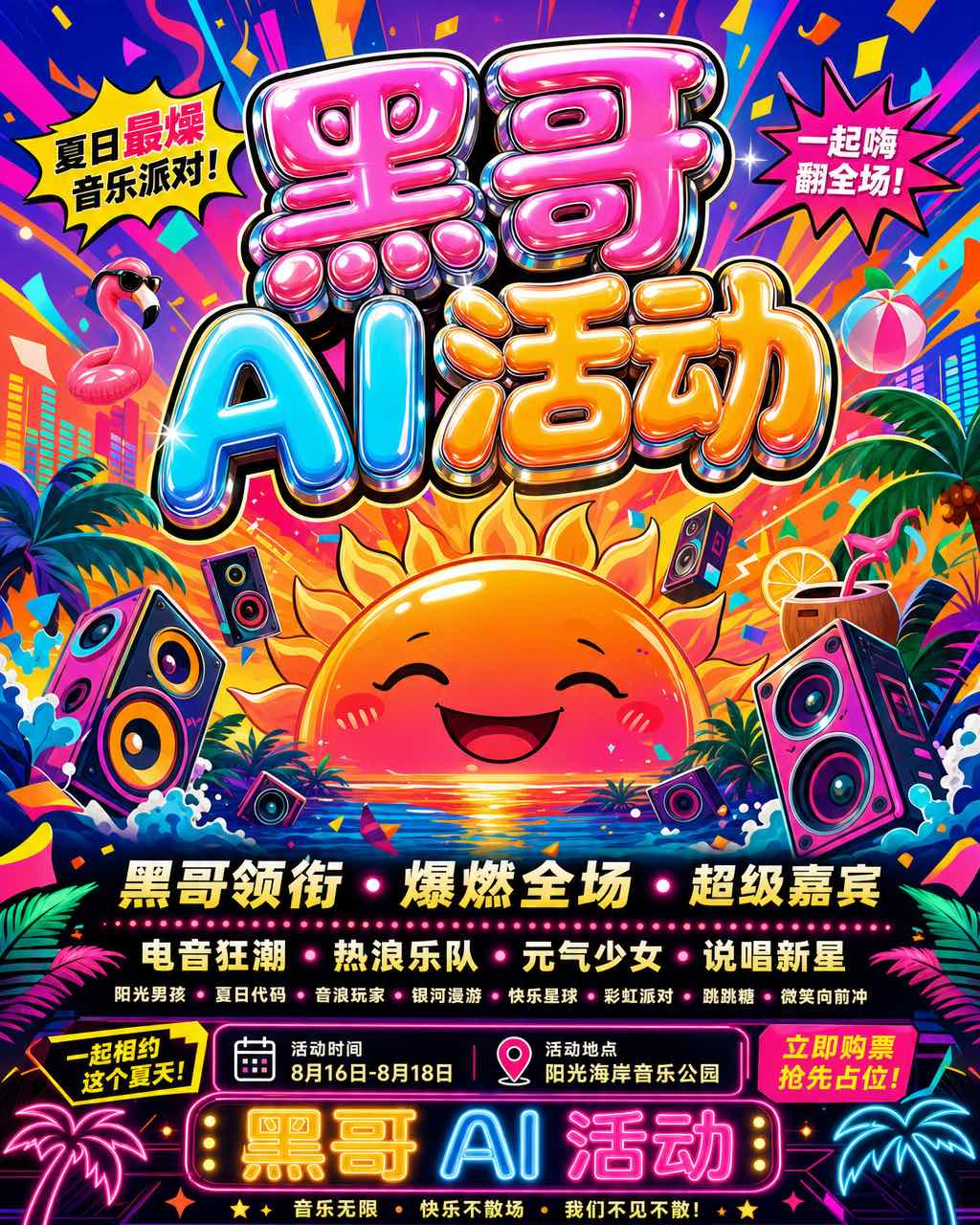 色彩浓烈的夏日音乐节海报，微笑太阳与棕榈，充气镀铬泡泡字体标题 SUNSPILL '26，下方分层阵容名单。