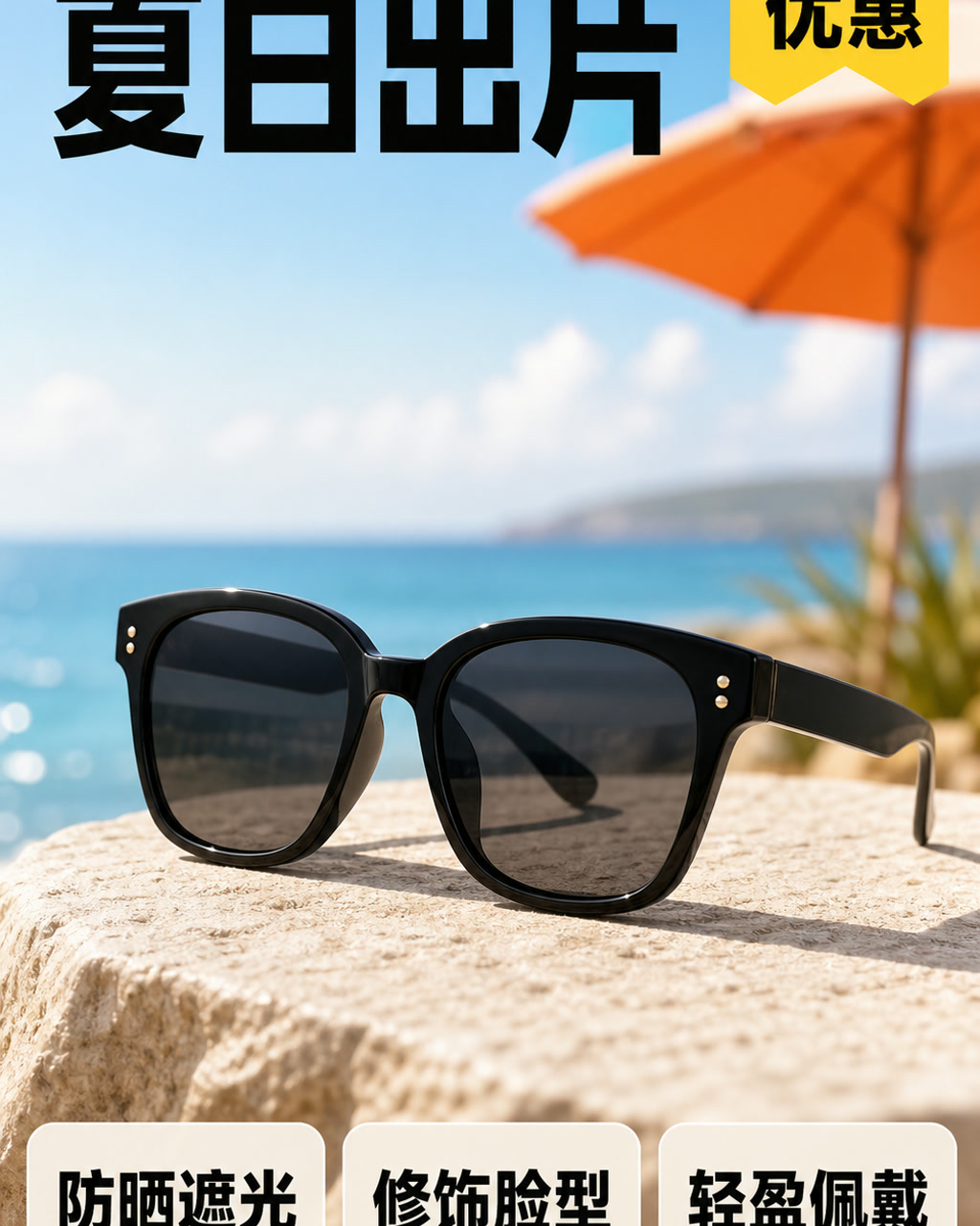 墨镜夏日促销图，主文案为「夏日出片」，卖点为「防晒遮光、修饰脸型、轻盈佩戴」。