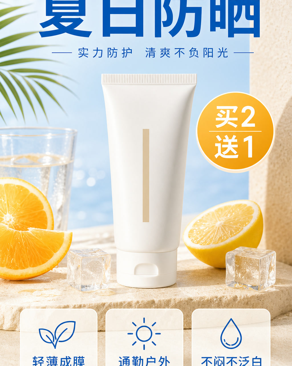 防晒夏日活动图，主文案为「夏日防晒」，卖点为「轻薄成膜、通勤户外、不闷不泛白」。
