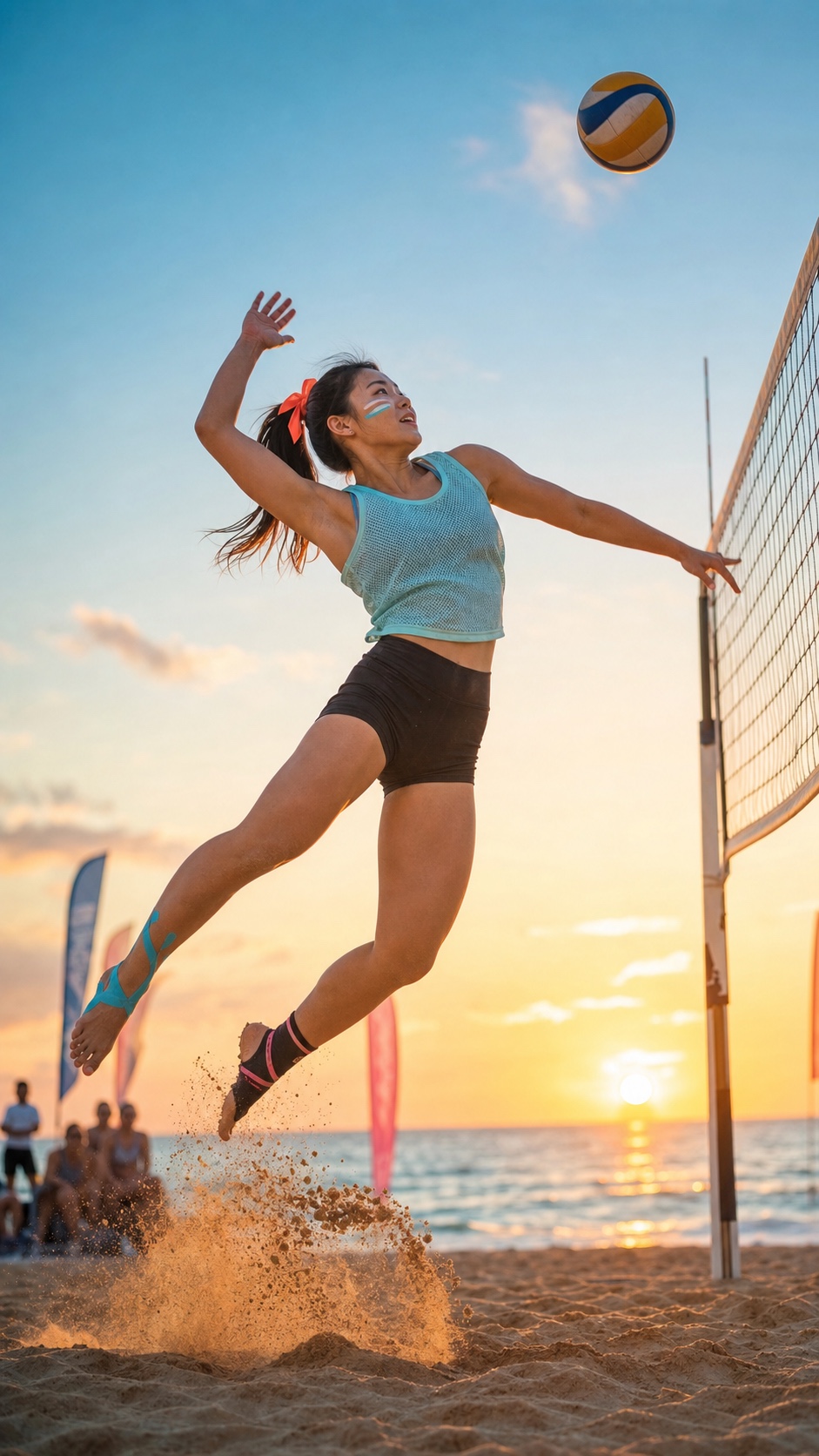 An energetic adult East Asian woman in a distinctive beach-volleyball portrait.