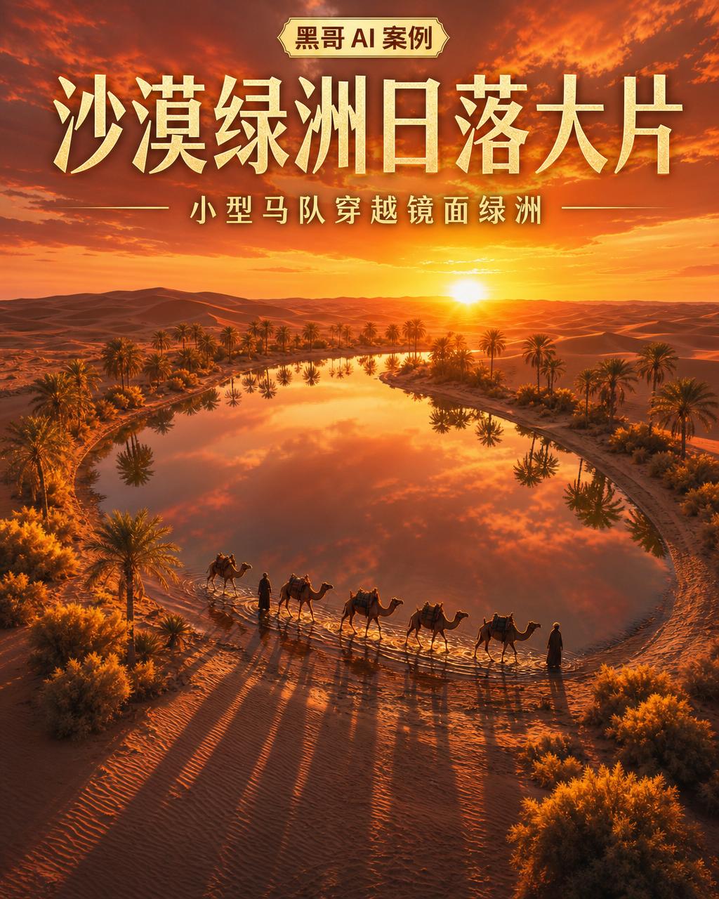 金色时刻沙漠绿洲航拍宽幅，骆驼商队剪影映衬铜色落日，棕榈围绕的水面倒映橙天，背后沙丘连绵。