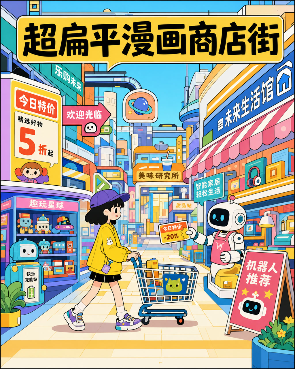 超扁平漫画商店街，原创漫画风格样本，包含清晰漫画版式、角色动作和可见中文标题。