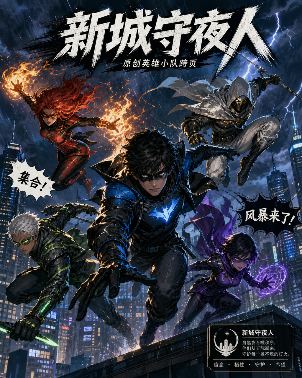 原创英雄小队跨页，原创漫画风格样本，包含清晰漫画版式、角色动作和可见中文标题。