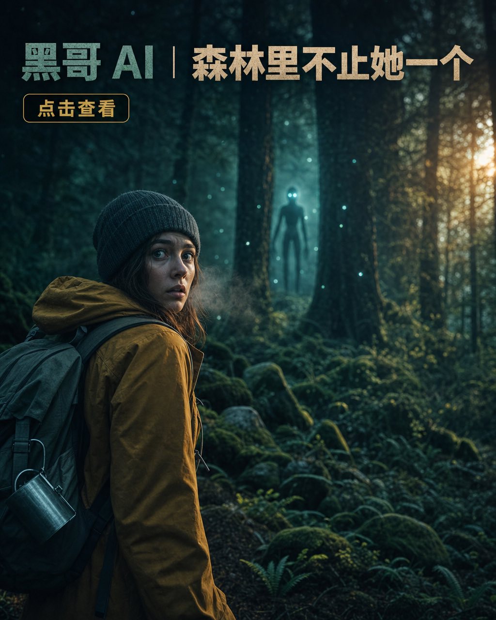 暮色苔藓林径上徒步女子转身望向花旗松间无面孔高挑身影，其拥有两团蓝白色发光眼睛。