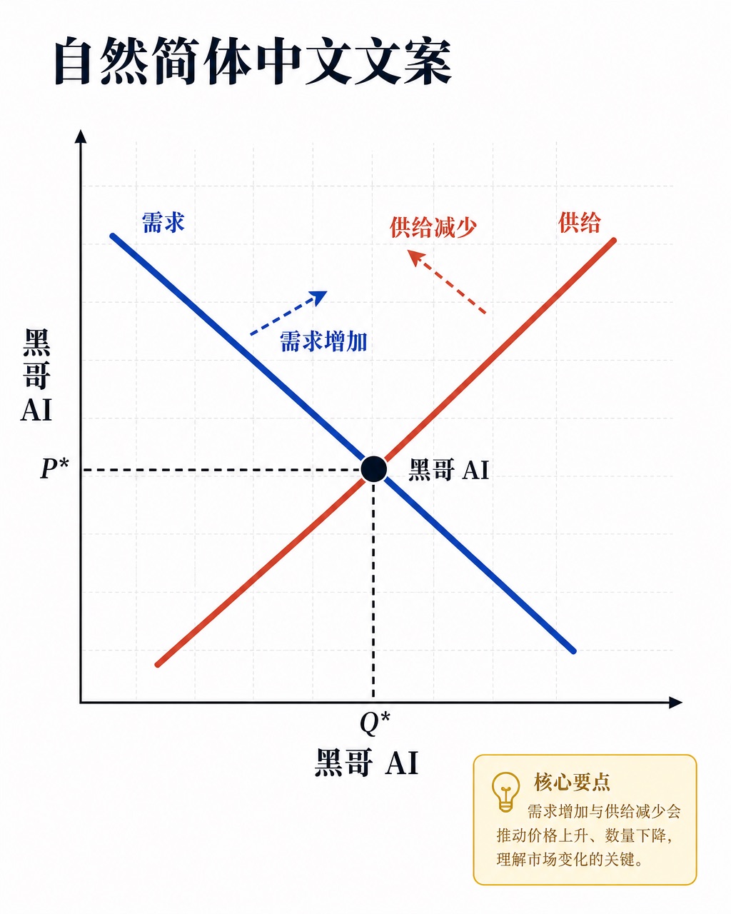 编辑风经济图表，钴蓝需求曲线与赤土色供给曲线在均衡点相交，含偏移箭头与金色标注框。