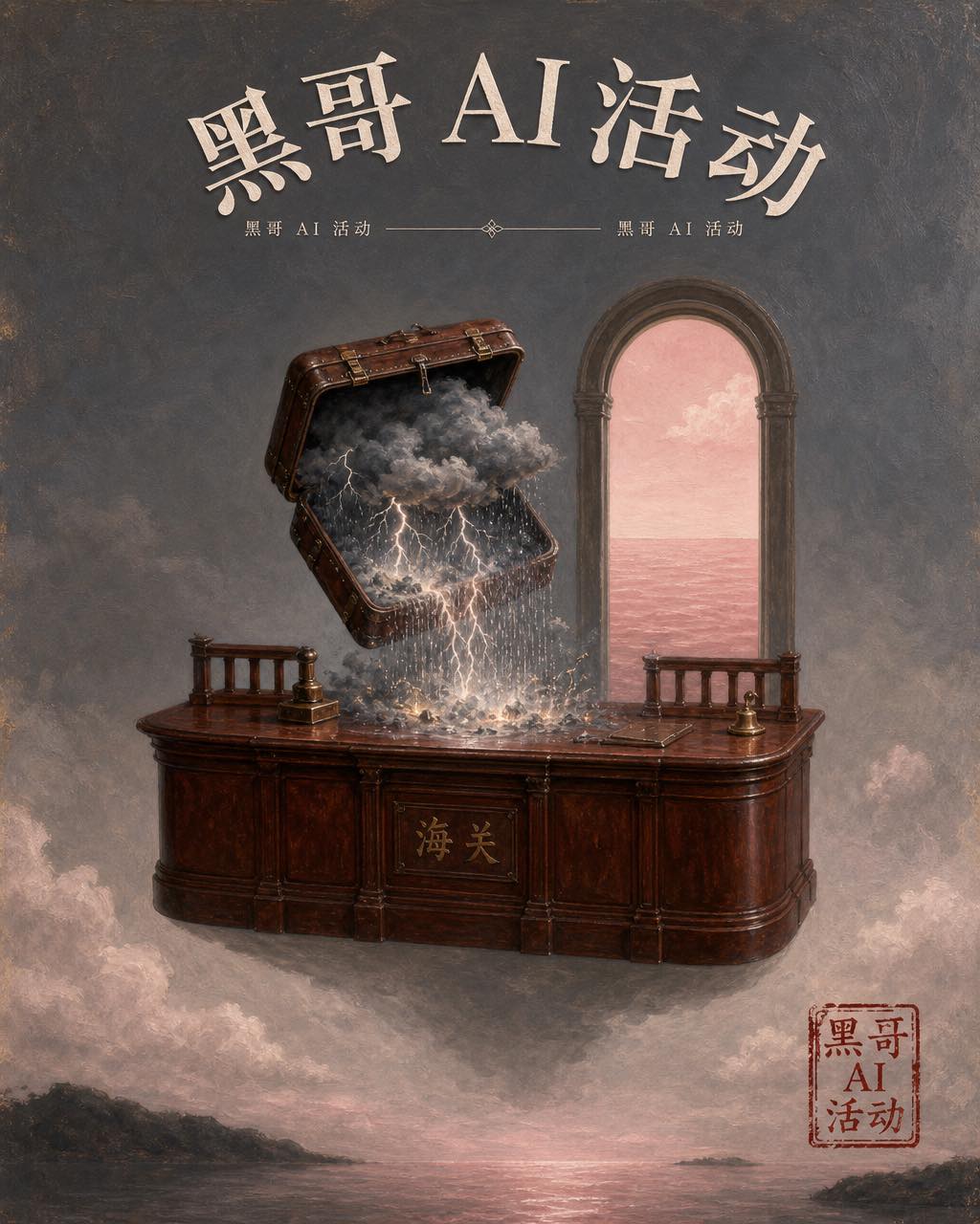 油画超现实海报：漂浮桃花心木柜台上手提箱倾出微型雷暴，门洞后是粉色海面，弧形标题 DREAM TARIFFS。