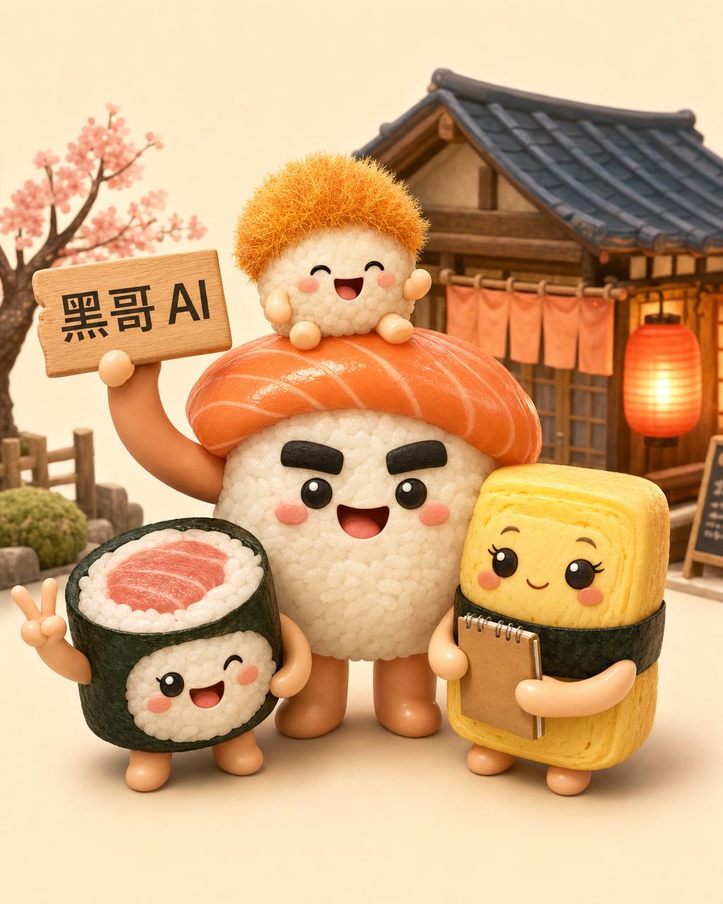3D 寿司一家四口吉祥物：握寿司爸爸、玉子妈妈、寿司卷孩子和海胆宝宝，米白背景合影，旁有木牌 'IRASSHAI'。
