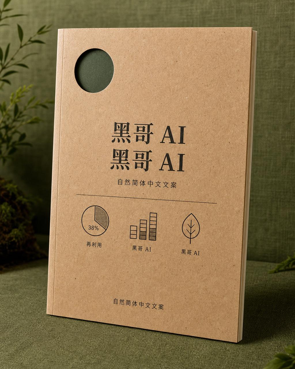 牛皮纸 A4 年报封面，左上有圆形模切窗口，标题 'Year in Soil'，下方三个极简黑色线条信息图标注 REUSED、COMPOSTED、PLANTED。