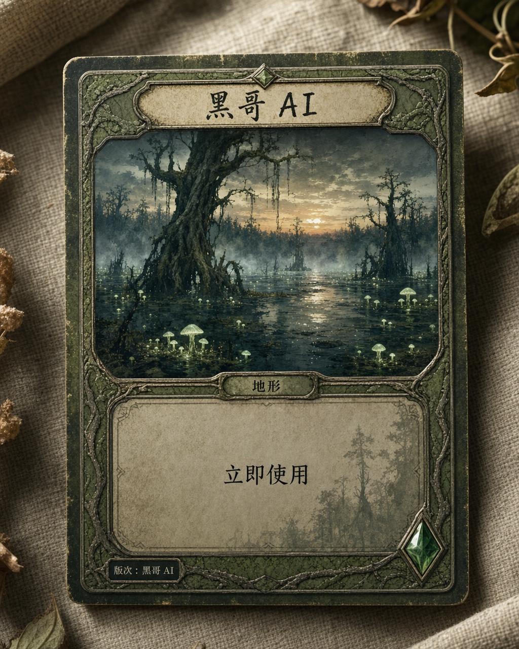名为 Mirewood Expanse 的 TCG 环境卡，水彩风沼泽全景，地形效果文本框。