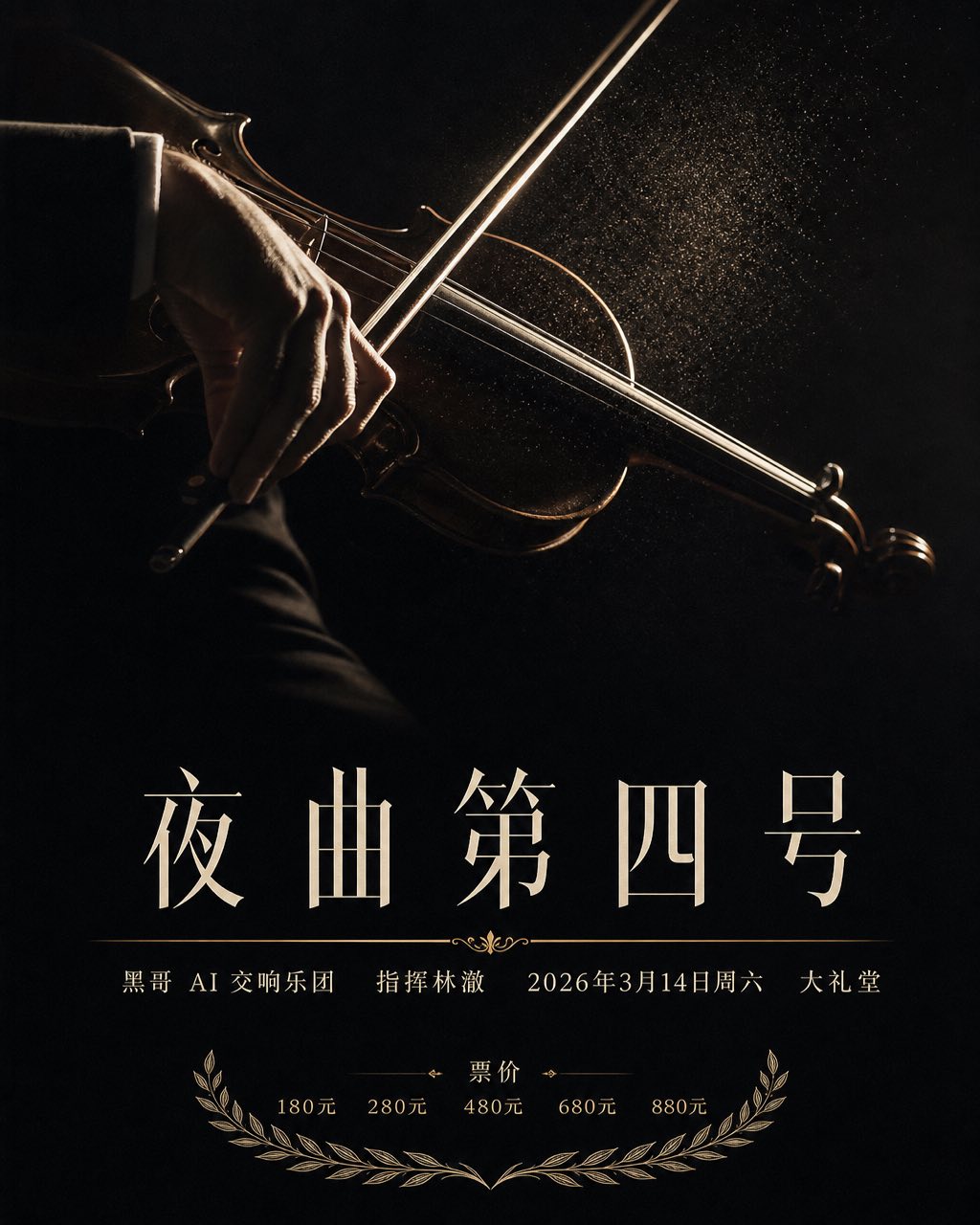 纵向交响乐海报，黑底，单张轮廓光照亮的小提琴弓特写，下方为骨白色大号衬线标题 NOCTURNES NO. 4。