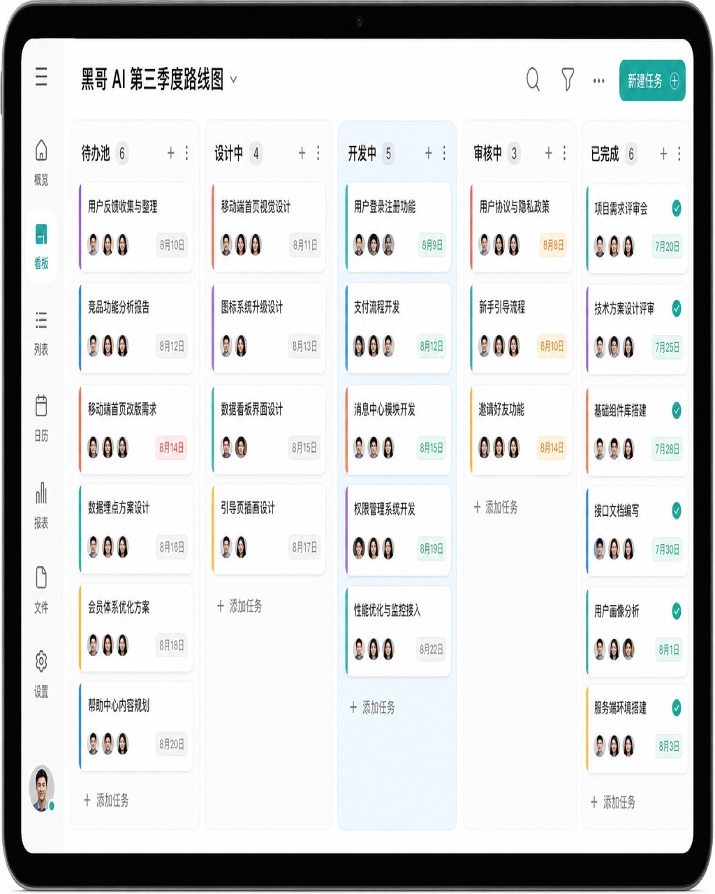 iPad Pro 看板界面，五列任务栏，'In Dev' 淡蓝高亮，白色扁平任务卡片和彩色标签。