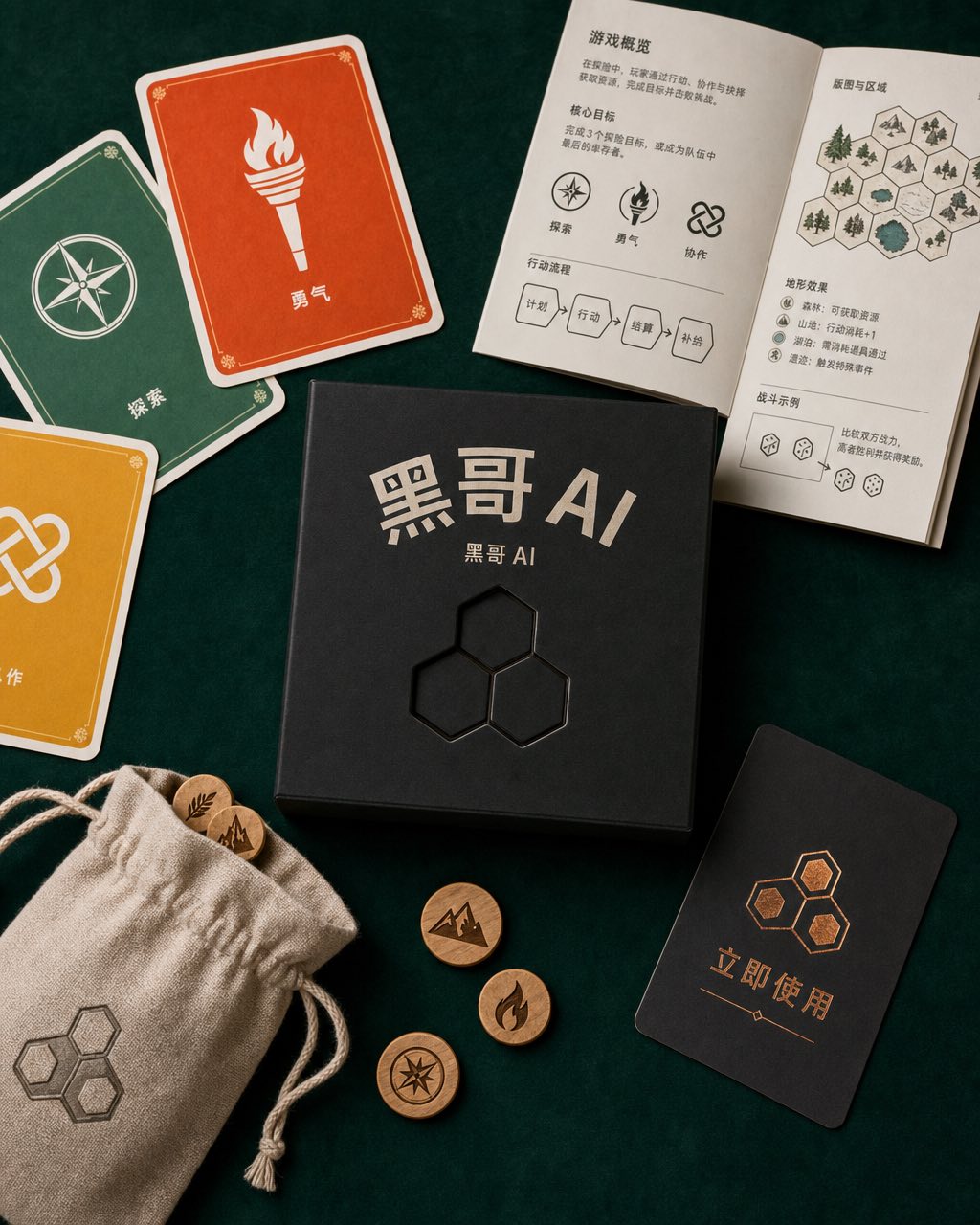 午夜绿绒布：HEXFOLD WORKS 盒盖、三张图标卡、规则册、代币袋与烫印名片。