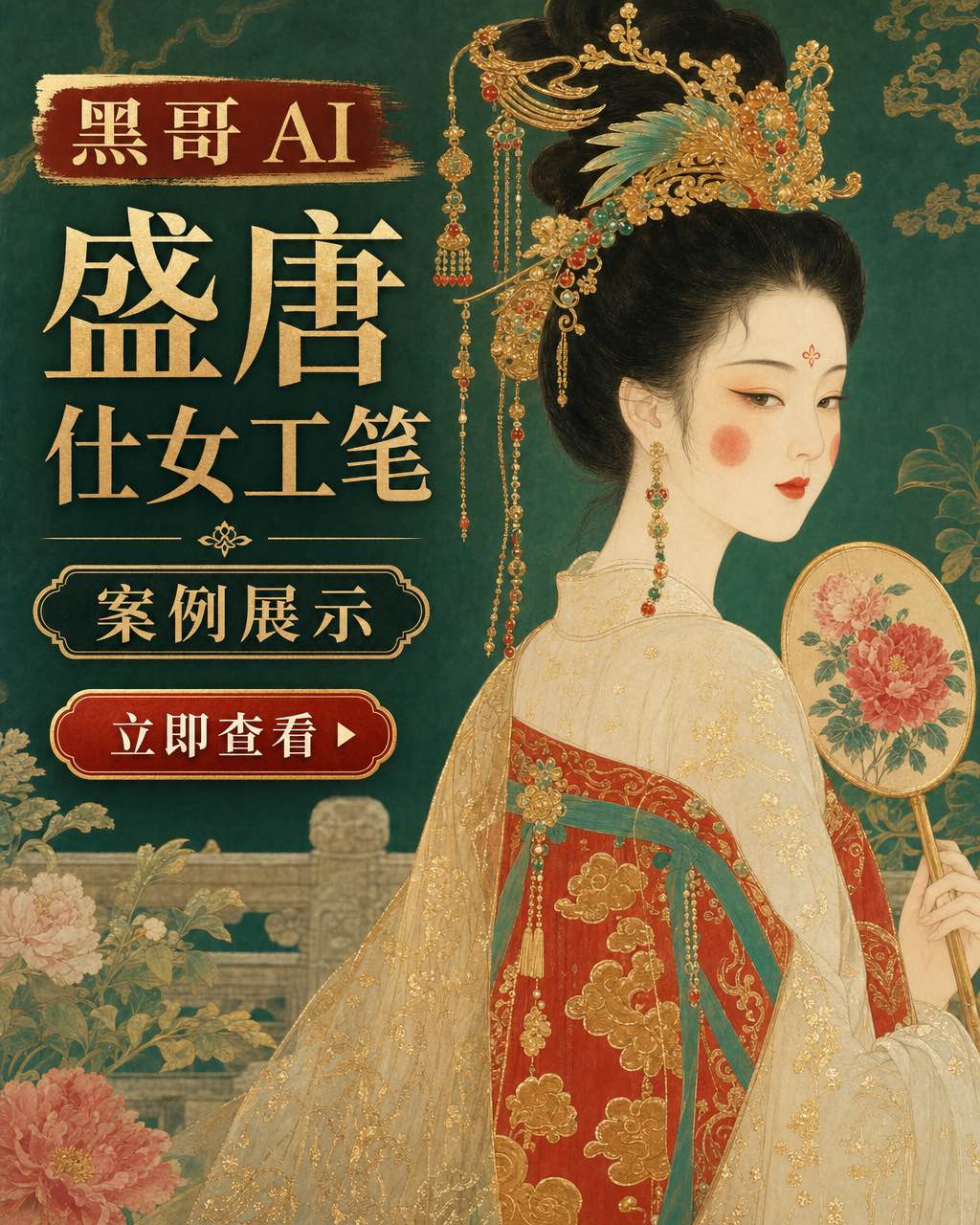 唐代工笔仕女画，绢本，身着朱红锦裙，发饰金凤，手持牡丹团扇。