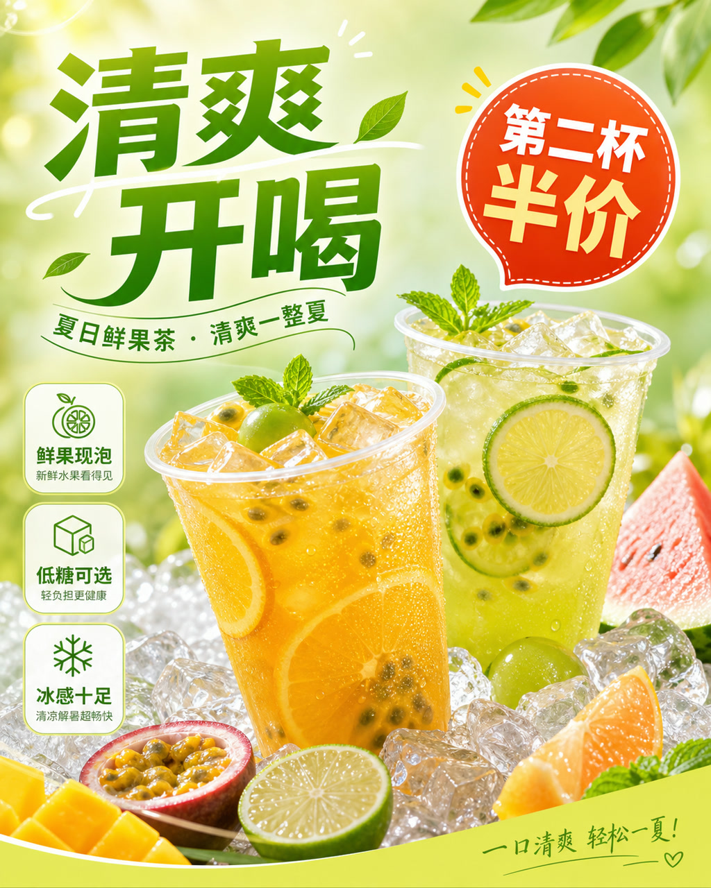新茶饮夏日促销图，主文案为「清爽开喝」，卖点为「鲜果现泡、低糖可选、冰感十足」。