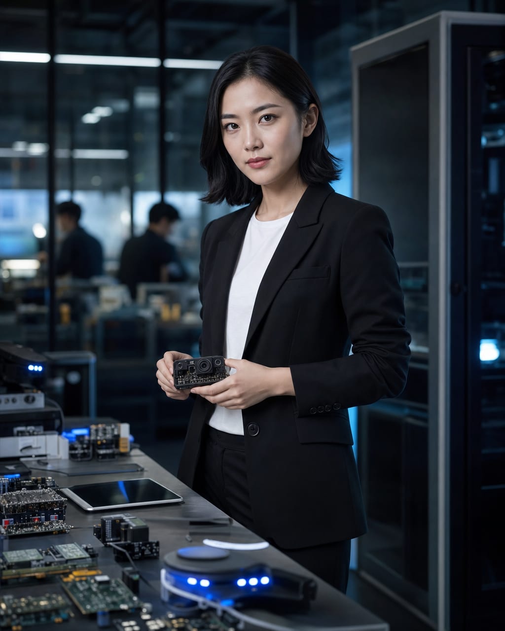 科技产品创始人照：设备、屏幕和简洁办公室，呈现未来感与理性气质。