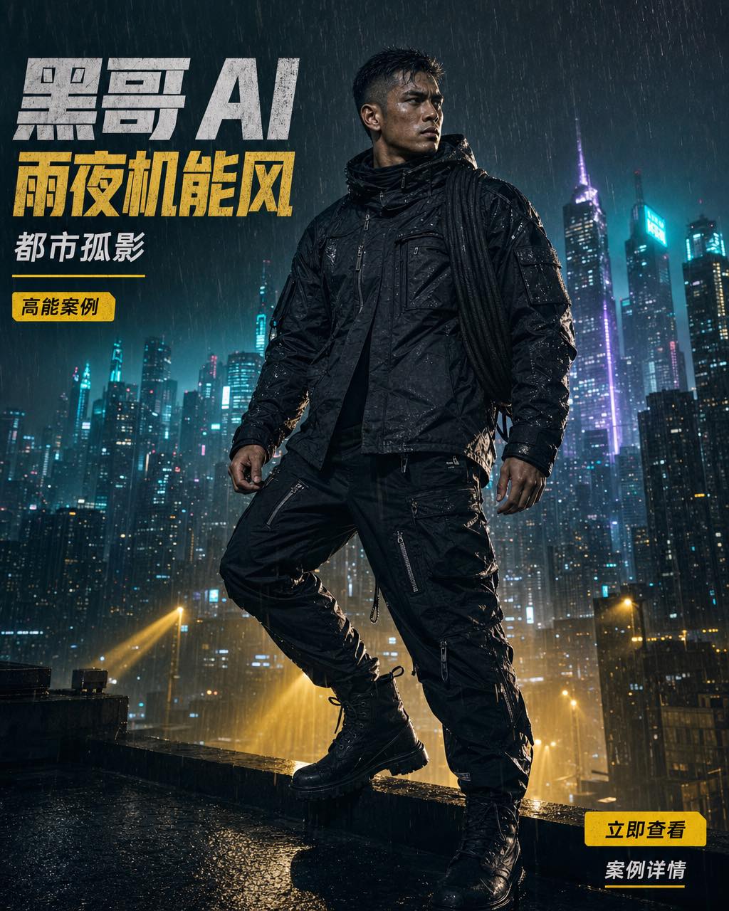 雨淋的东南亚男性穿棱角黑色机能装站于屋顶边缘，背景为霓虹闪烁的超级城市夜间天际线。