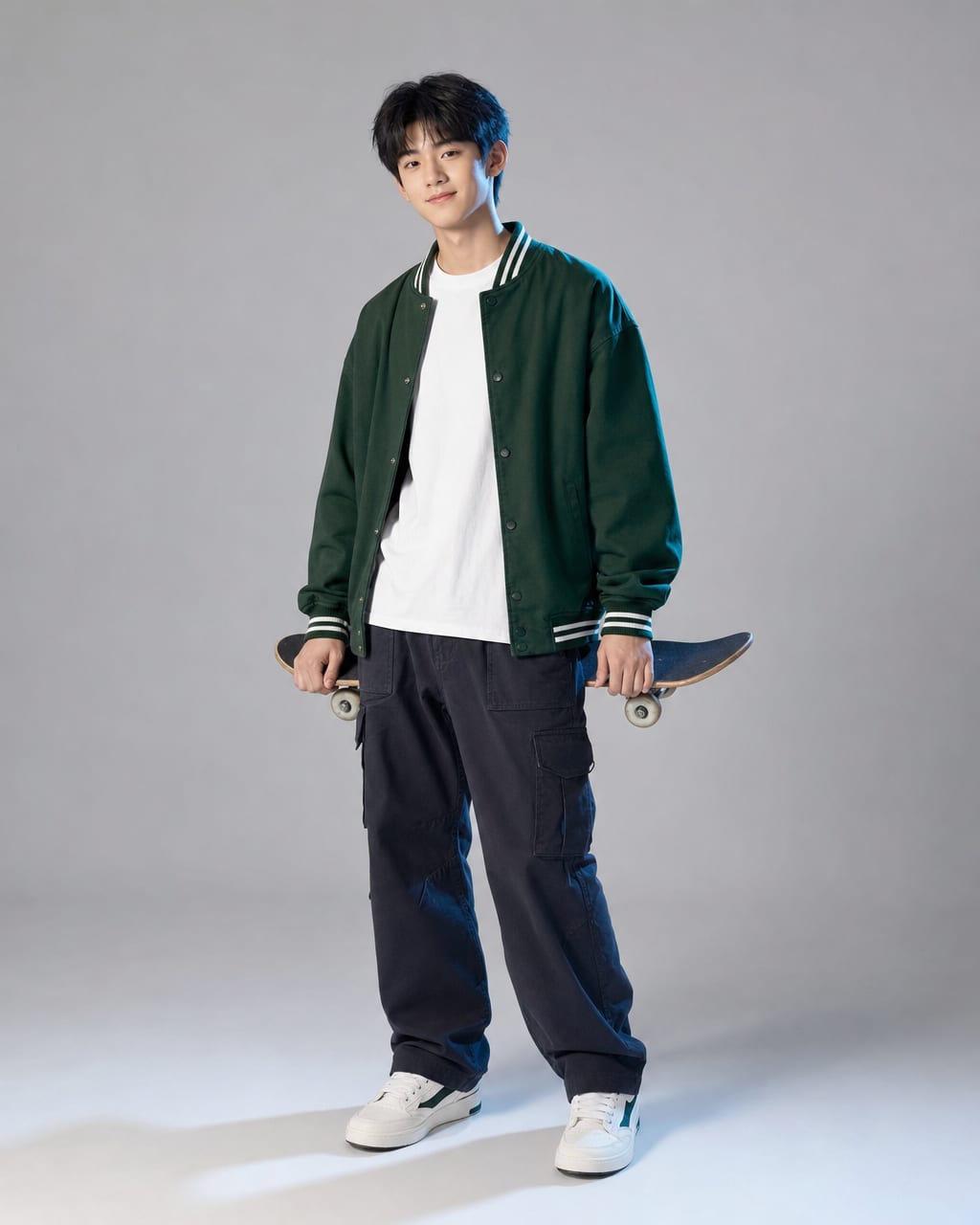 15 岁南美男孩坐在木凳上拿着一次性相机，尘雾绿卫衣，混凝土灰无缝背景，休闲编辑风棚拍。