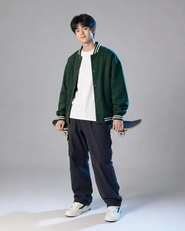 15 岁南美男孩坐在木凳上拿着一次性相机,尘雾绿卫衣,混凝土灰无缝背景,休闲编辑风棚拍。