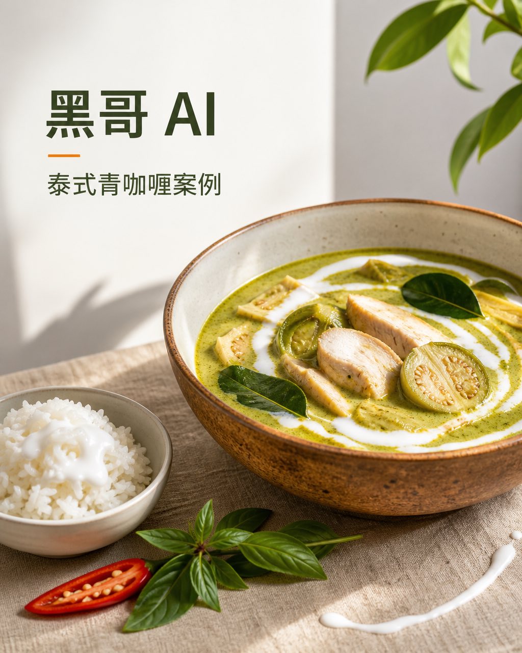 泰式青咖喱四分之三俯拍，陶土碗中翡翠绿咖喱椰浆螺旋，卡菲尔青柠叶与红辣椒点缀。