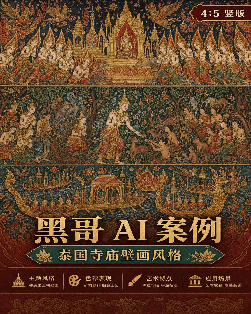泰国却克里时期寺庙壁画三幅：金顶天宫、菩萨布施森林场景与镀金御船河上仪仗。